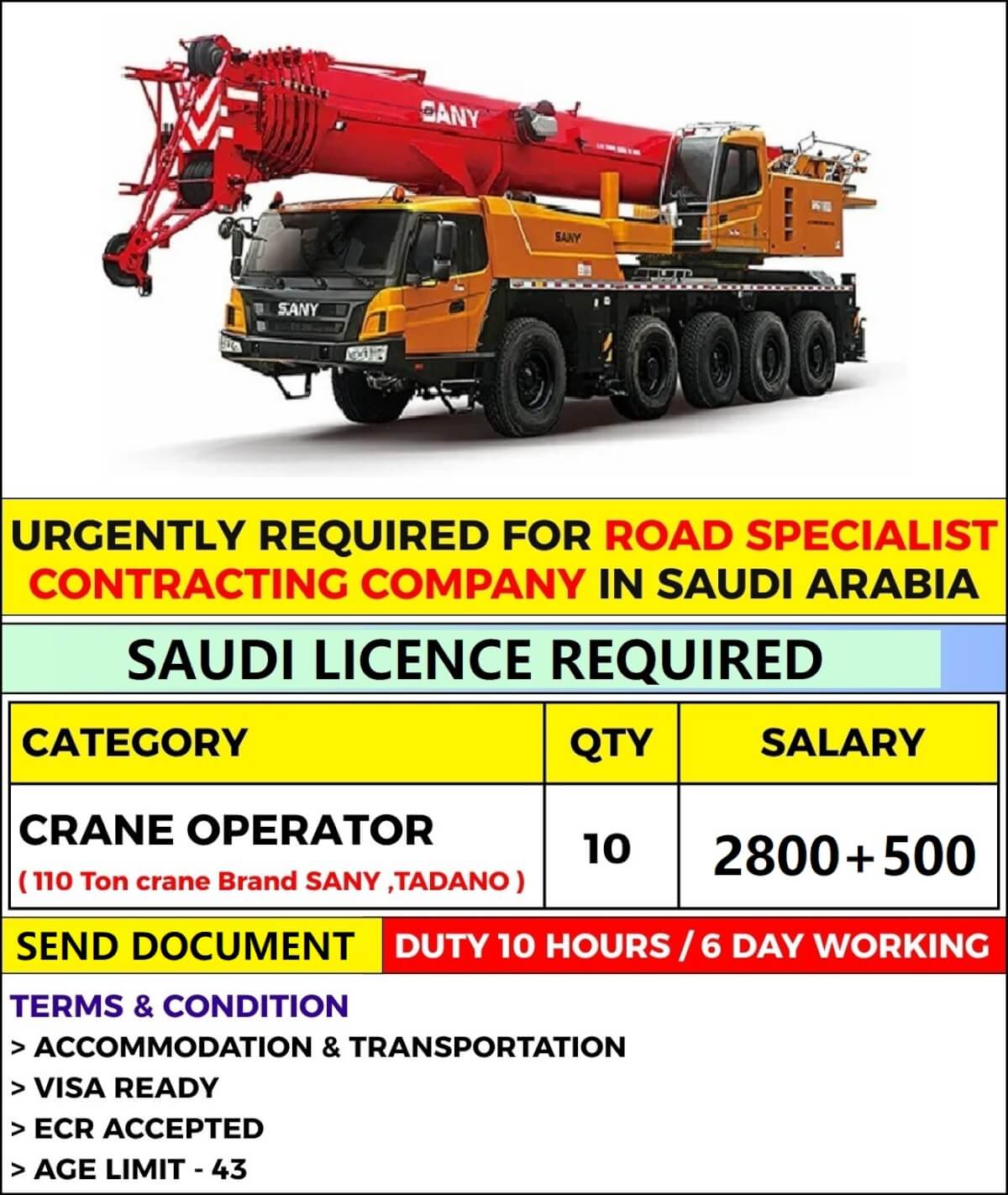 URGENTLY REQUIRED FOR ROAD SPECIALIST CONTRACTING COMPANY IN SAUDI ARABIA