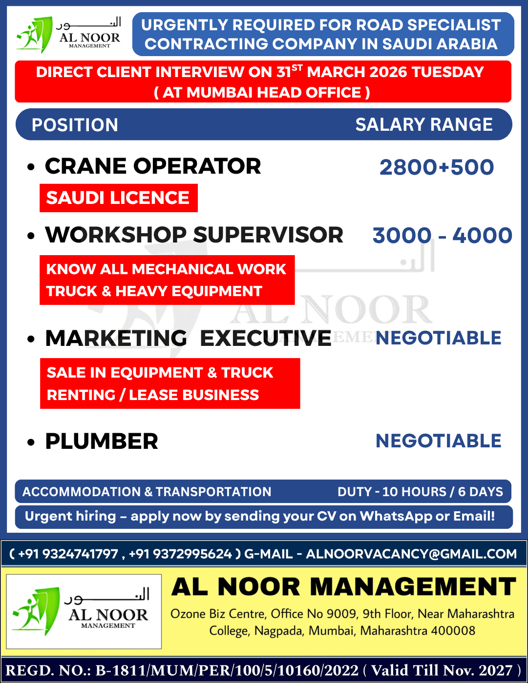 URGENTLY REQUIRED FOR ROAD SPECIALIST CONTRACTING COMPANY IN SAUDI ARABIA