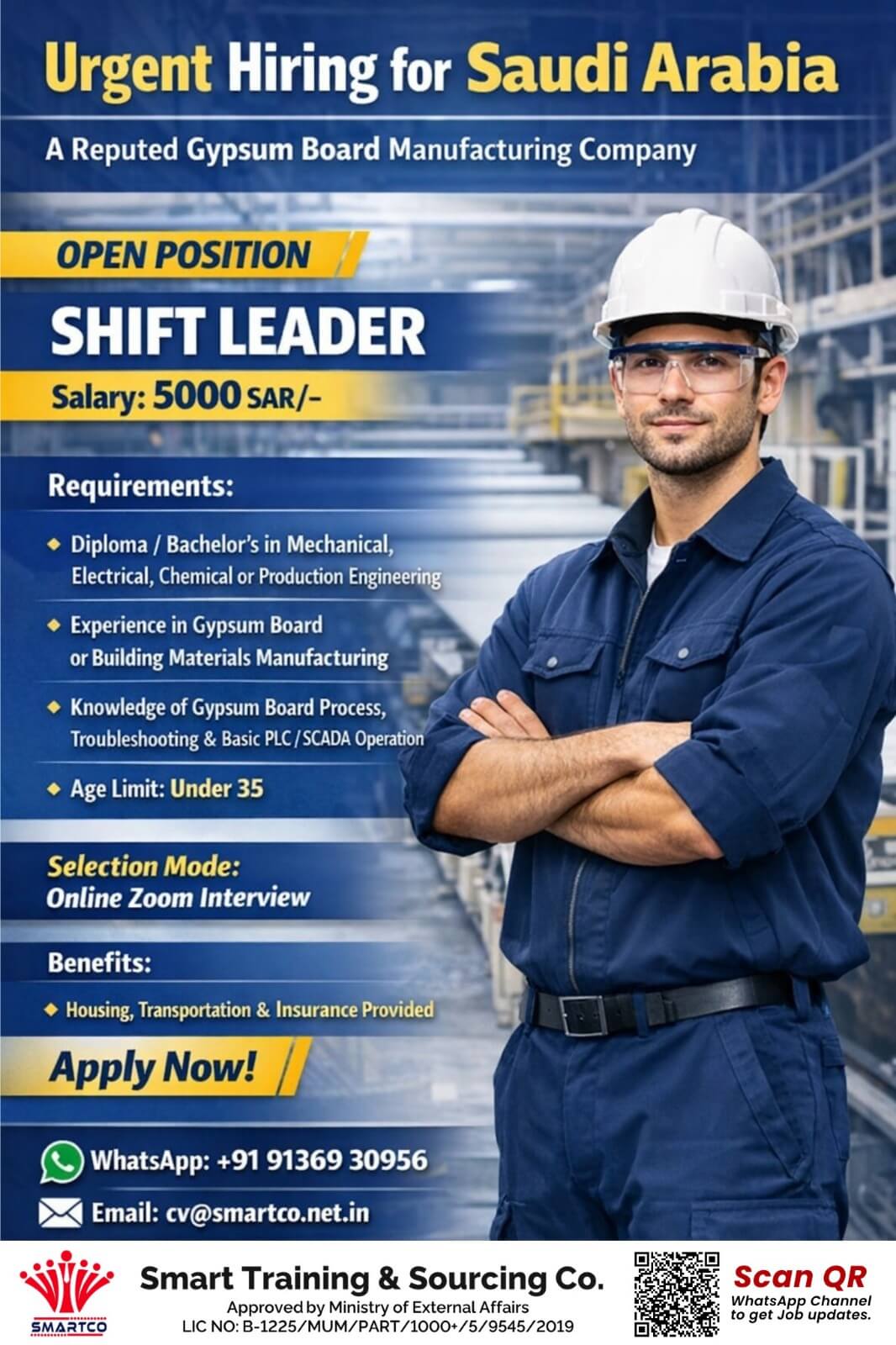Urgent Hiring for Saudi Arabia A Reputed Gypsum Board Manufacturing Company