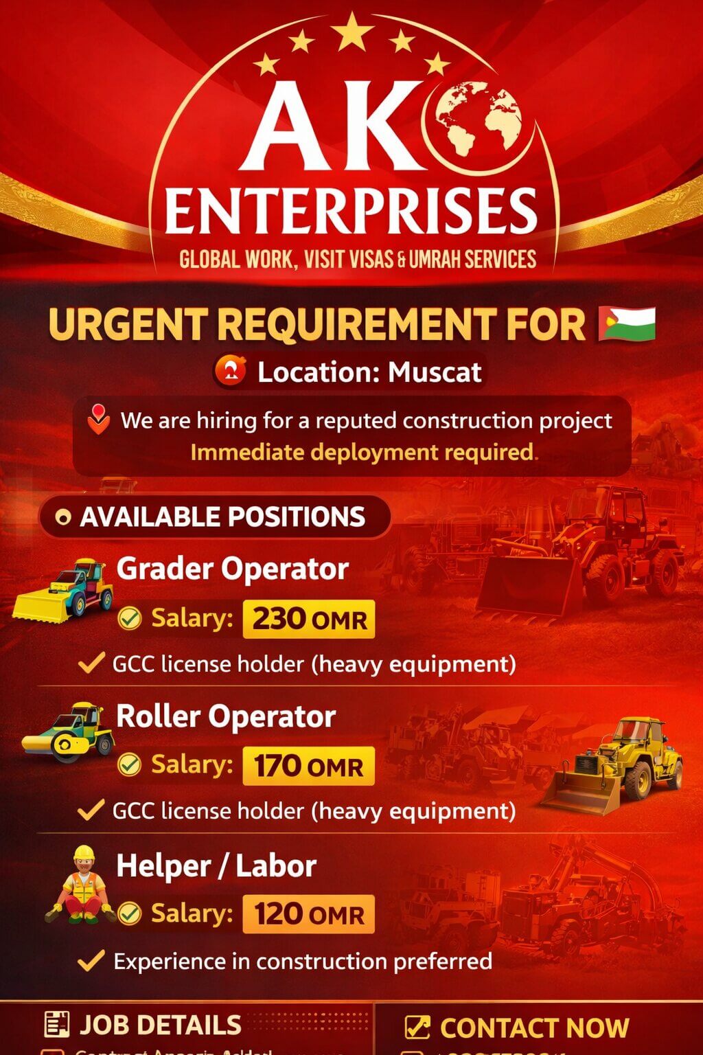 URGENT REQUIREMENT FOR OMAN ??  Location: Muscat  We are hiring for a reputed construction project. Immediate deployment required.