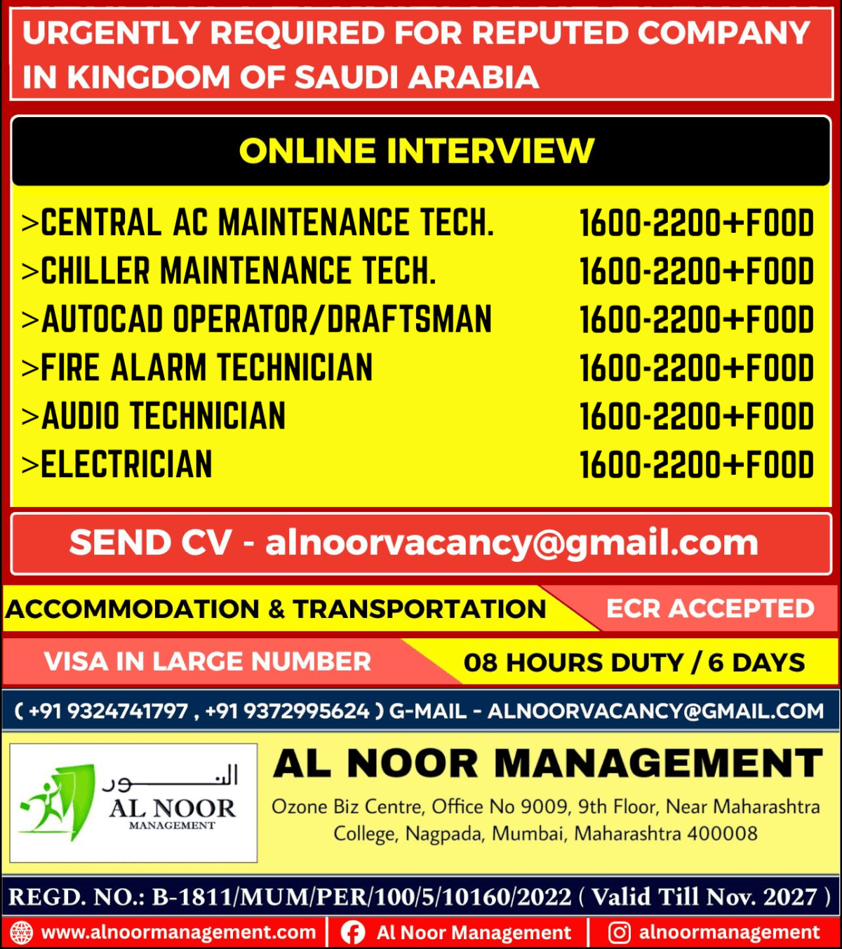 URGENTLY REQUIRED FOR REPUTED COMPANY IN KINGDOM OF SAUDI ARABIA