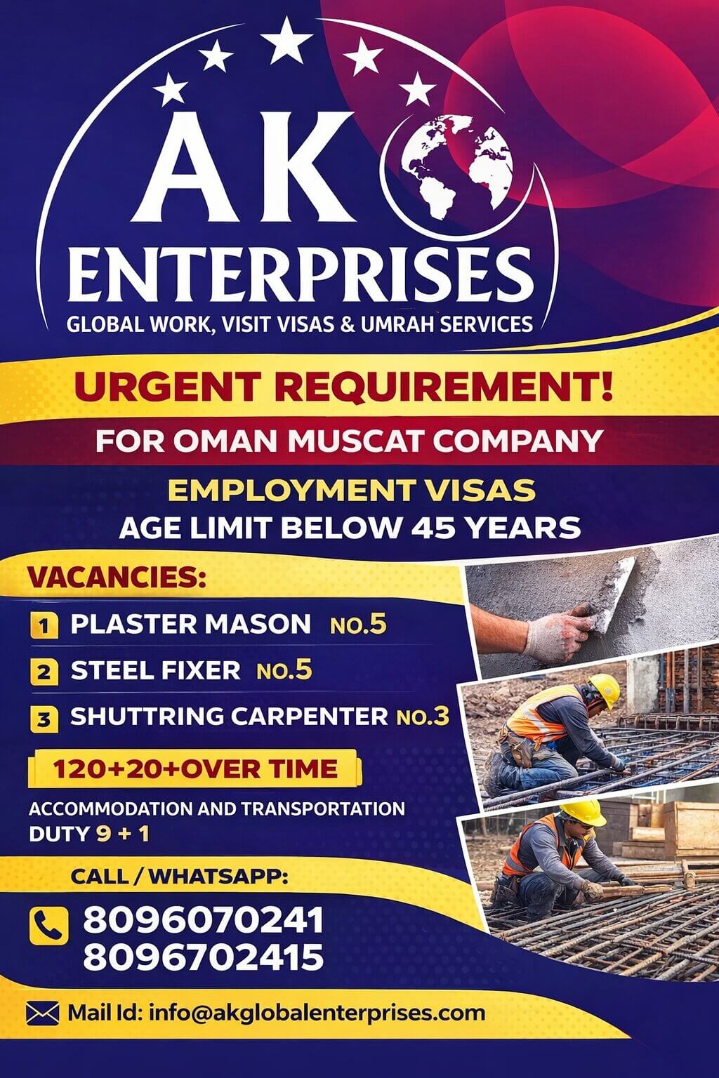Top Urgent requirement for Oman Muscat company Employments visa