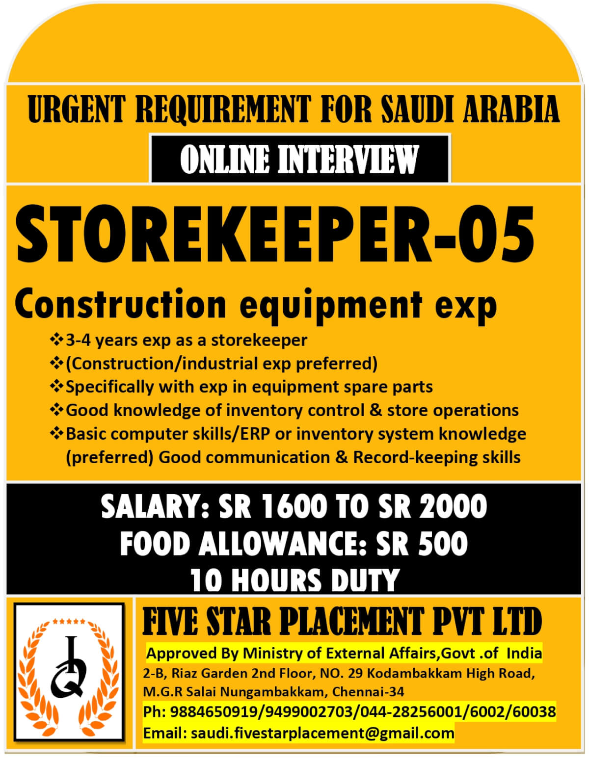 URGENT REQUIREMENT FOR SAUDI ARABIA