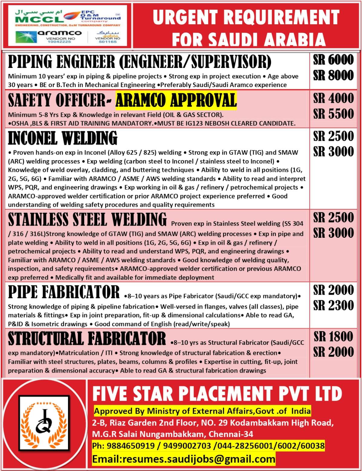 URGENT REQUIREMENT FOR SAUDI ARABIA