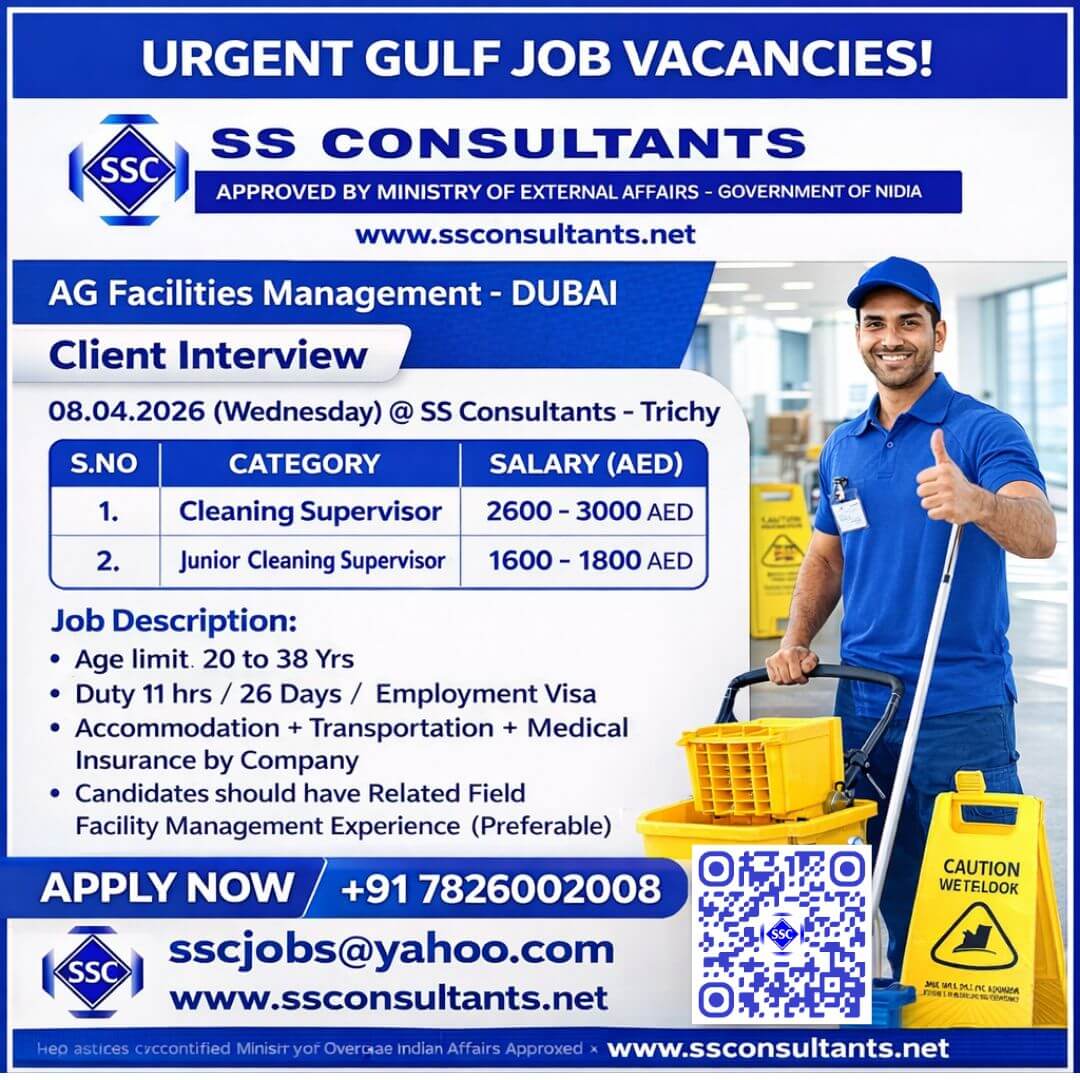 Urgent Gulf Jobs in Dubai – Cleaning Supervisor Jobs | SS Consultants