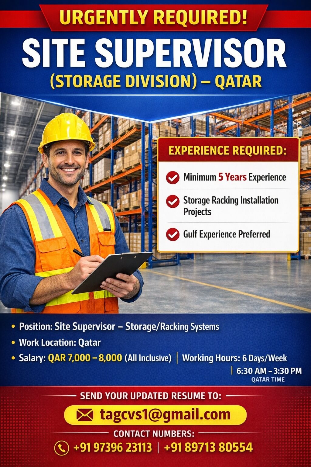 Urgently Required – Site Supervisor (Storage Division) – Qatar