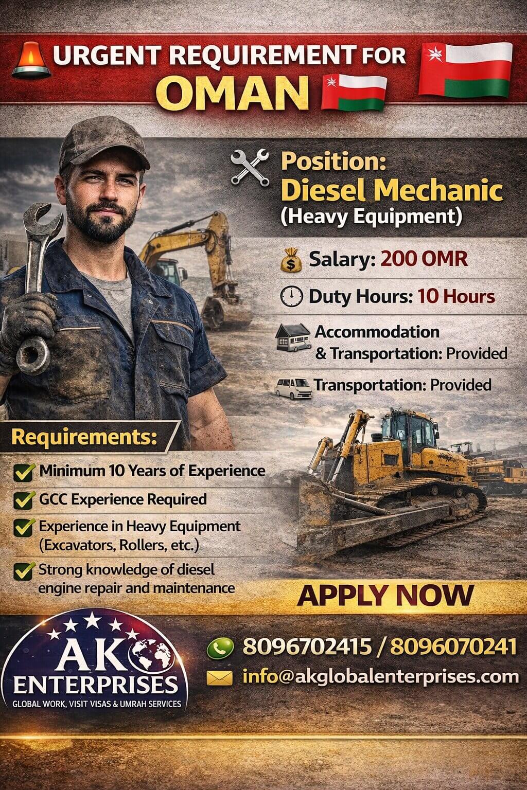 Urgently Hiring for -OMAN Diesel Mechanic Heavy Equipment