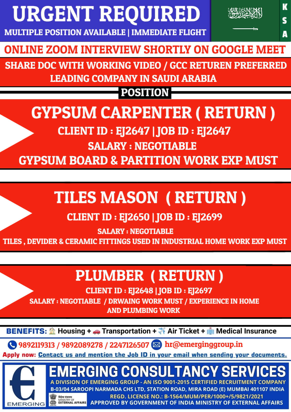 URGENT REQUIRED FOR LEADING COMPANY IN SAUDI ARABIA