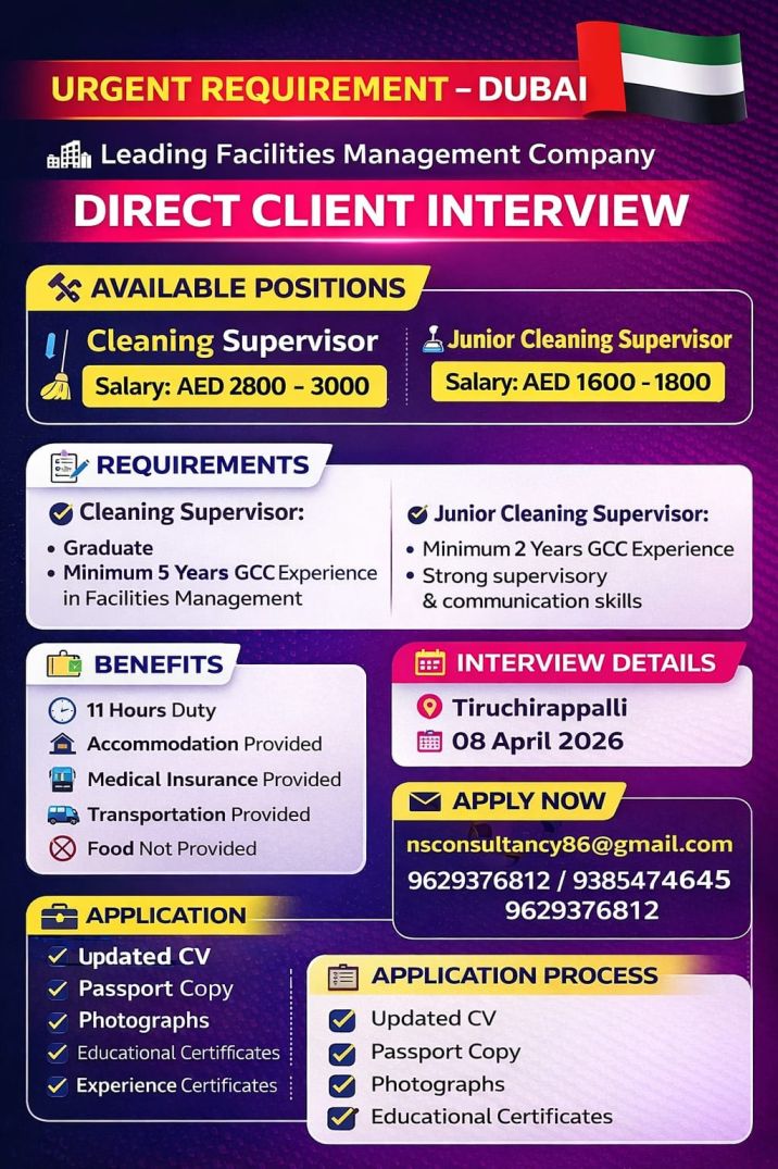 Cleaing supervisor job in uae