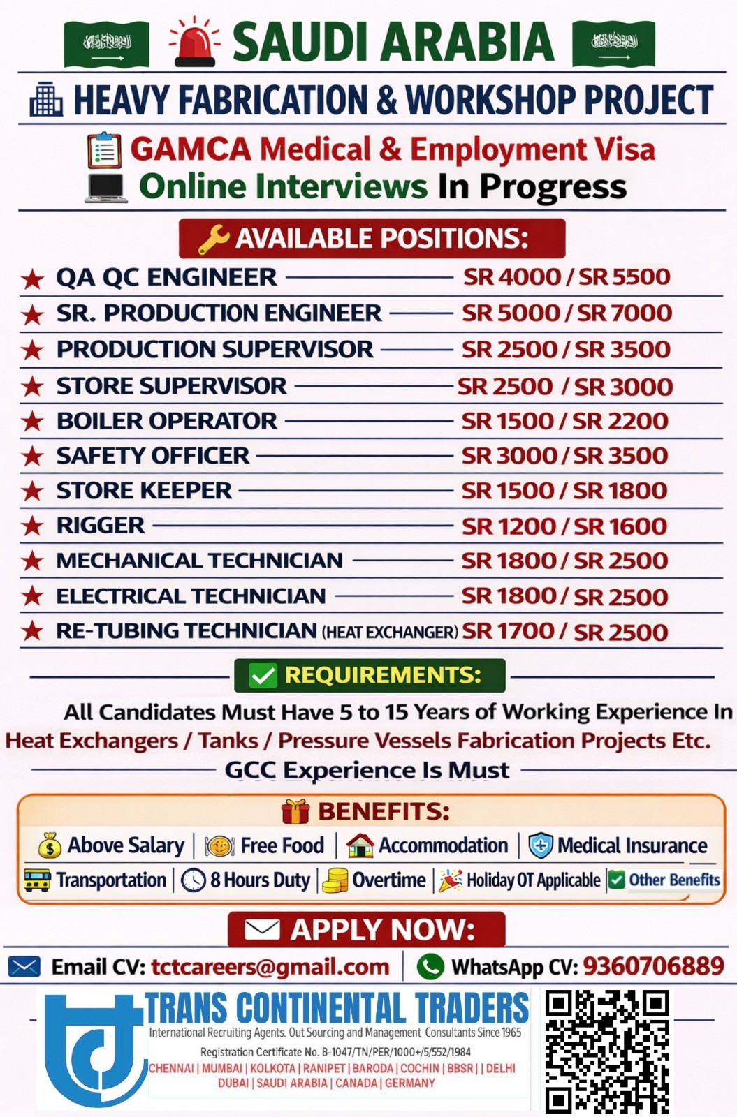 HIRING FOR HEAVY FABRICATION WORKSHOP PROJECT-SAUDI ARABIA