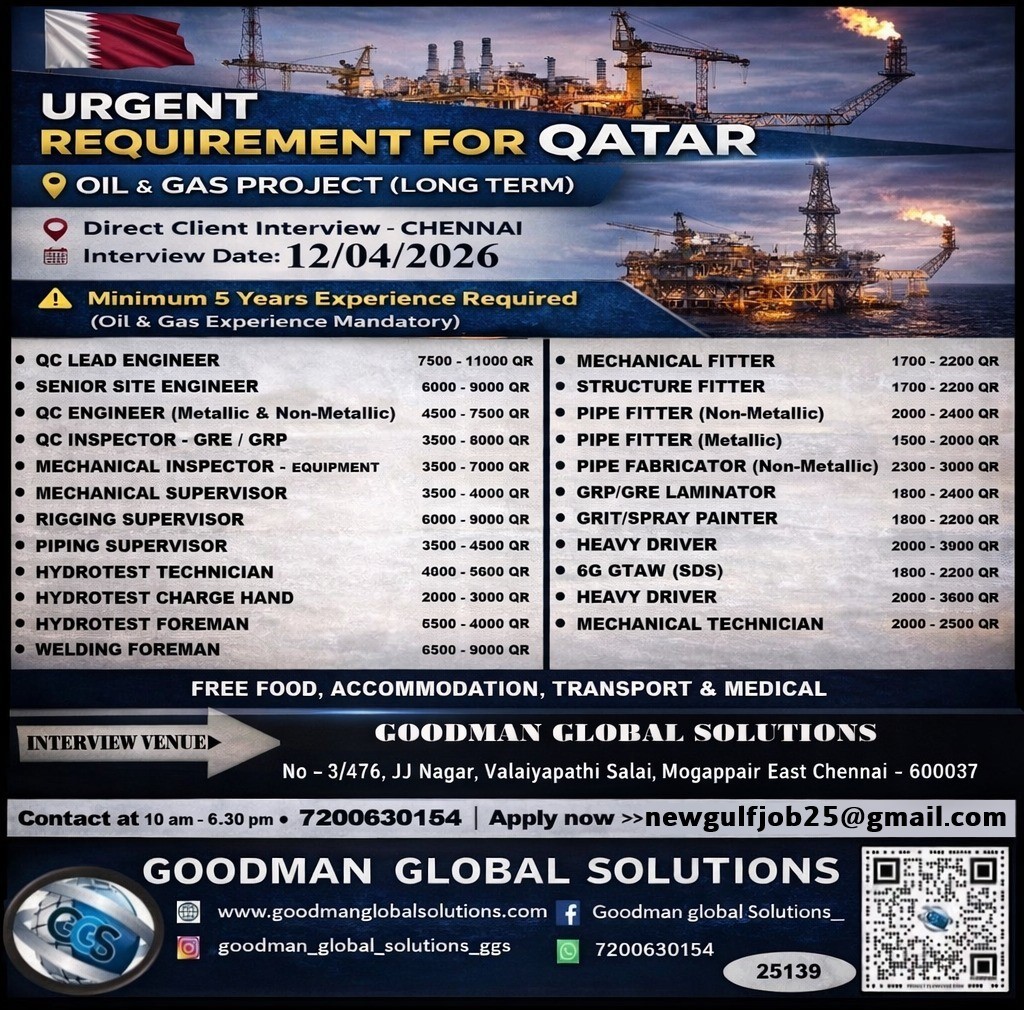 URGENT REQUIREMENT - QATAR ( OIL & GAS PROJECT)  DIRECT CLIENT  INTERVIEW IN CHENNAI @ 12-04-2026