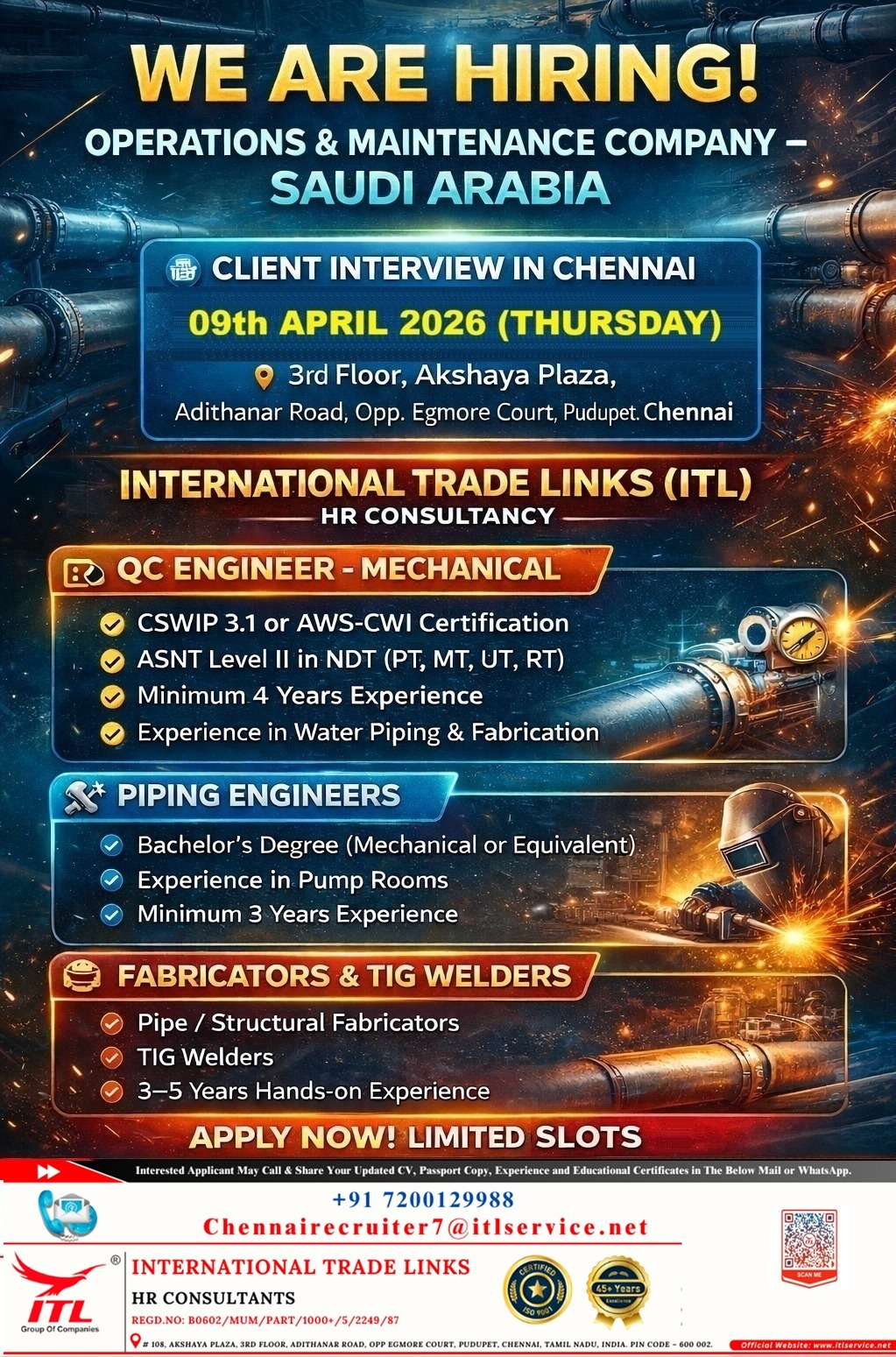 Direct interview for Saudi on 9-04-2026 at Chennai