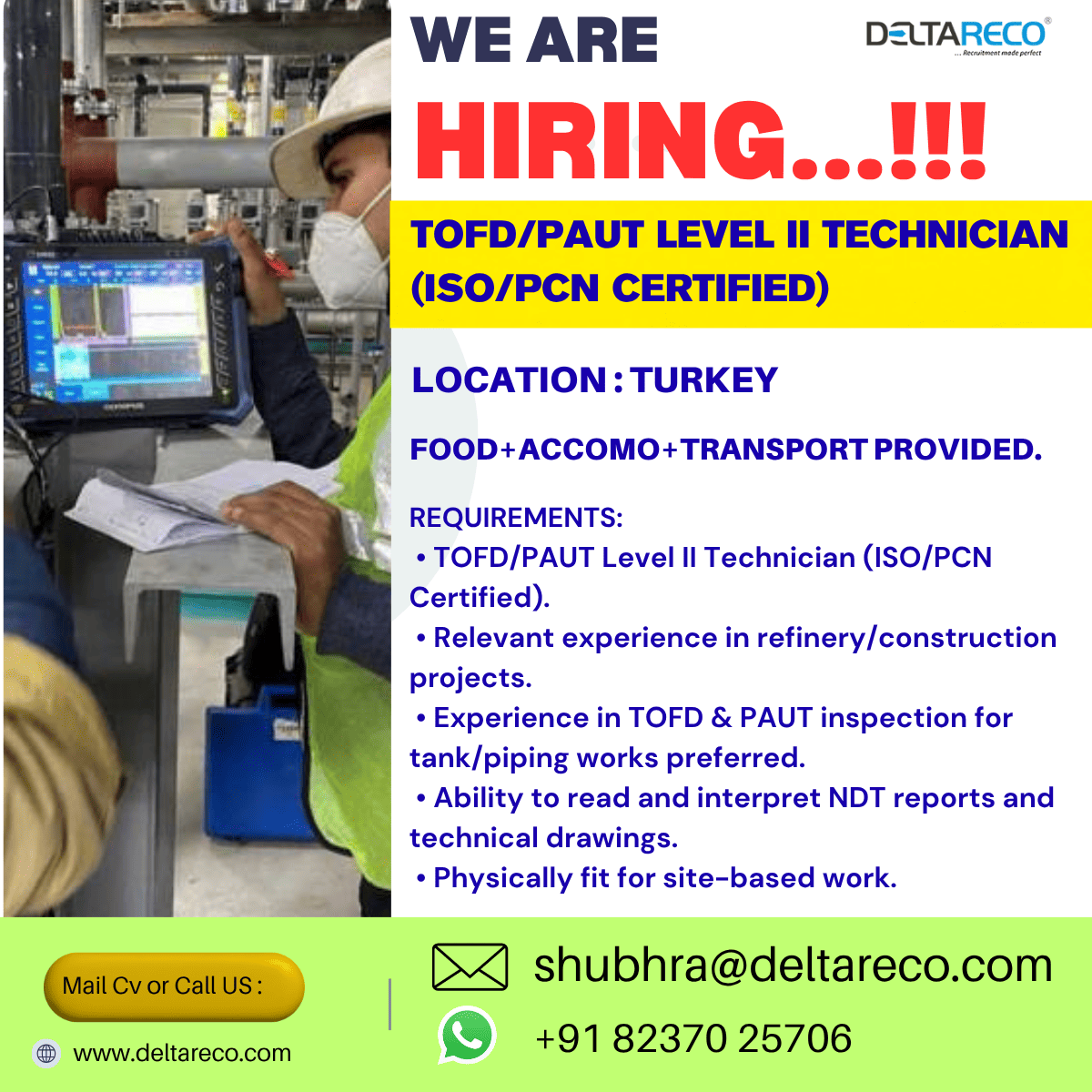 Hiring TOFD PAUT level Technician  for  Turkey