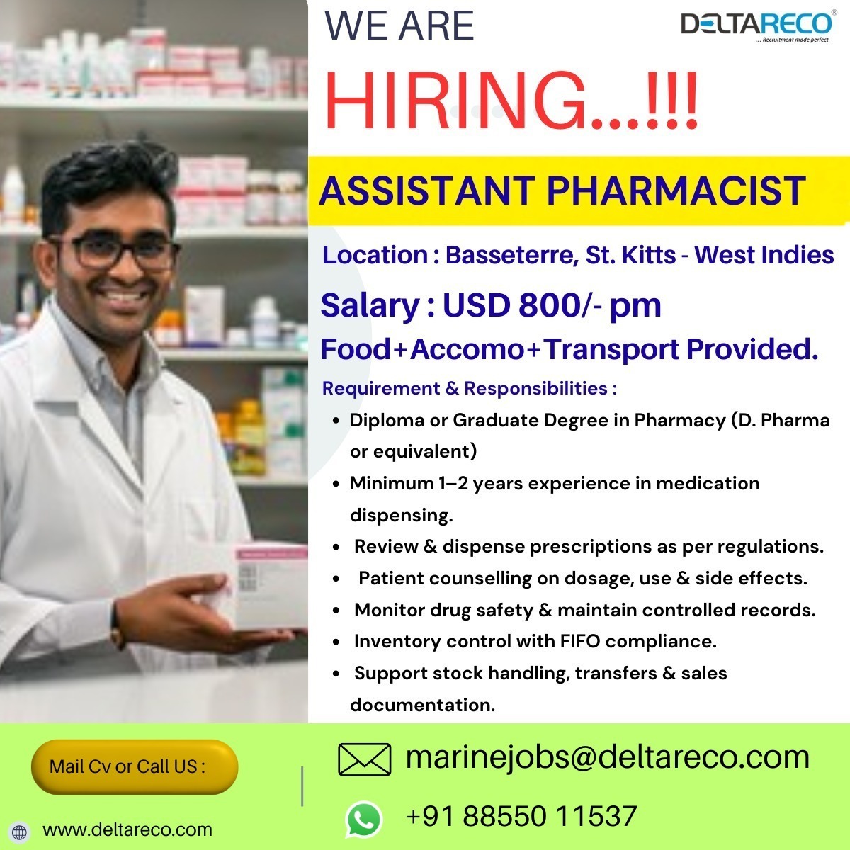 Hiring  Assistant pharmacist for  West Indies