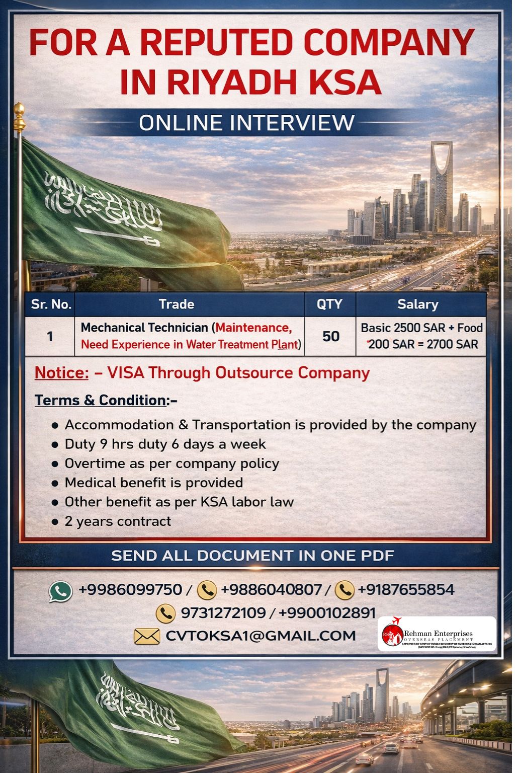 HIRING FOR REPUTED COMPANY IN SAUDI ARABIA