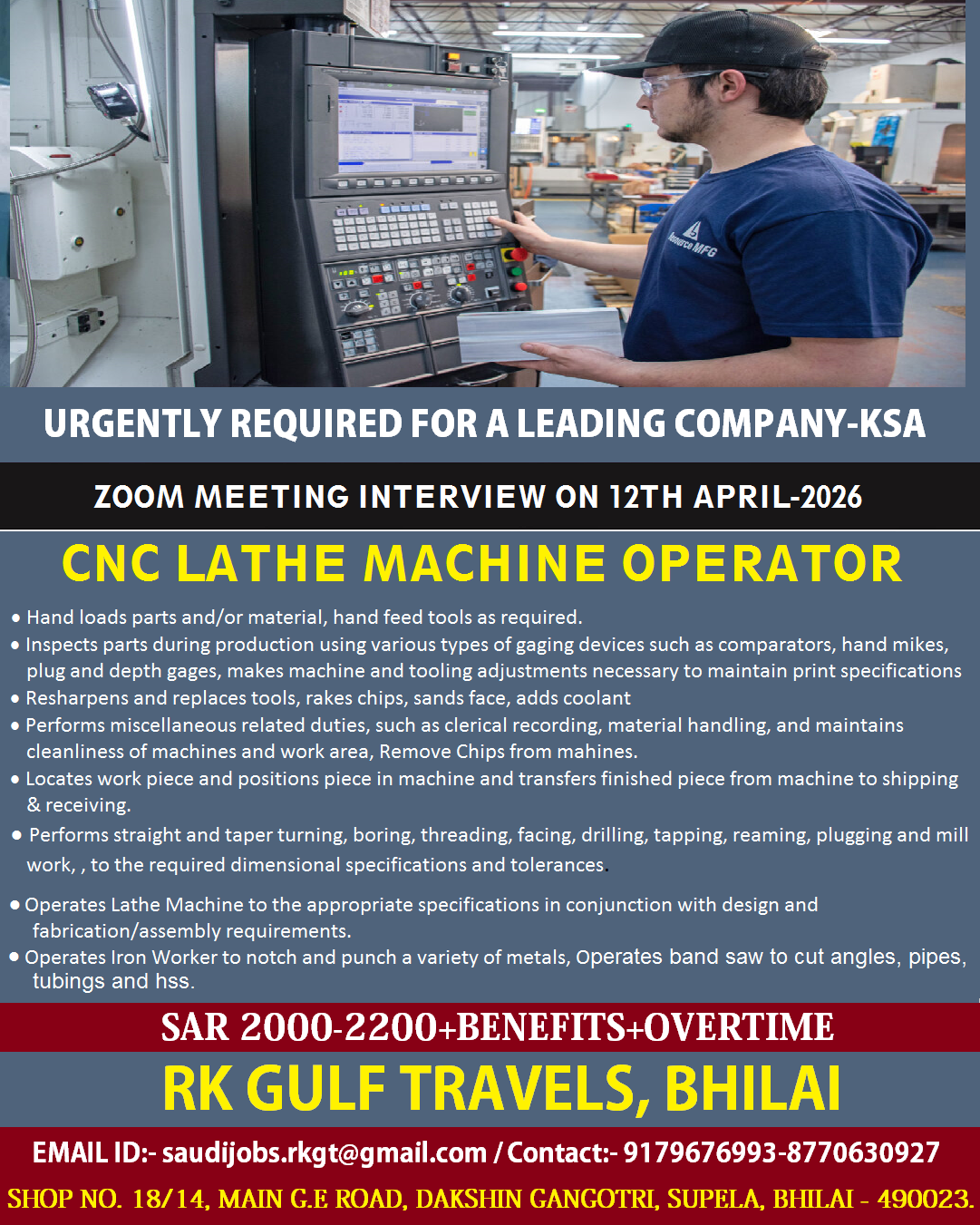 CNC LATHE MACHINE OPERATOR - REQ. FOR SAUDI ARABIA