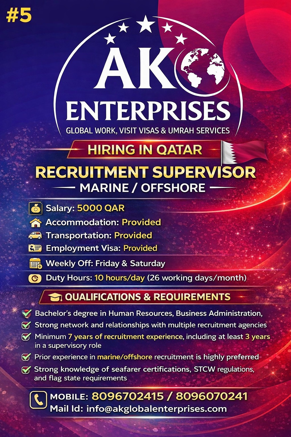 Recruitment Supervisor – Marine / Offshore- Qatar
