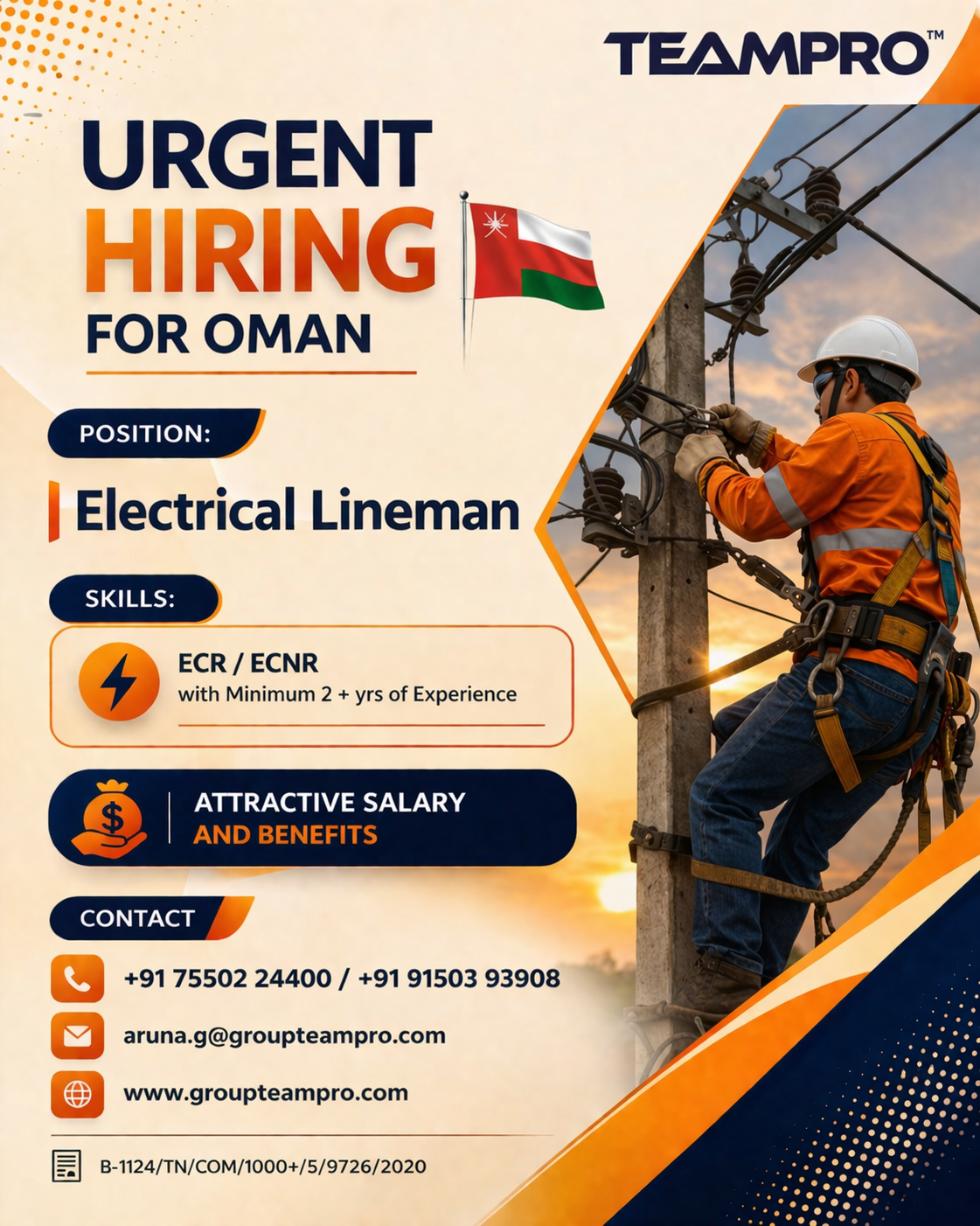 Urgent Hiring – Electrical Lineman | Oman  We are looking for experienced Electrical Linemen to join a reputed project in Oman
