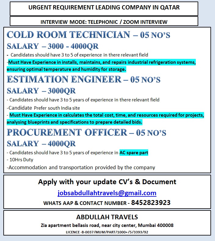 URGENT REQUIREMENT LEADING COMPANY IN QATAR