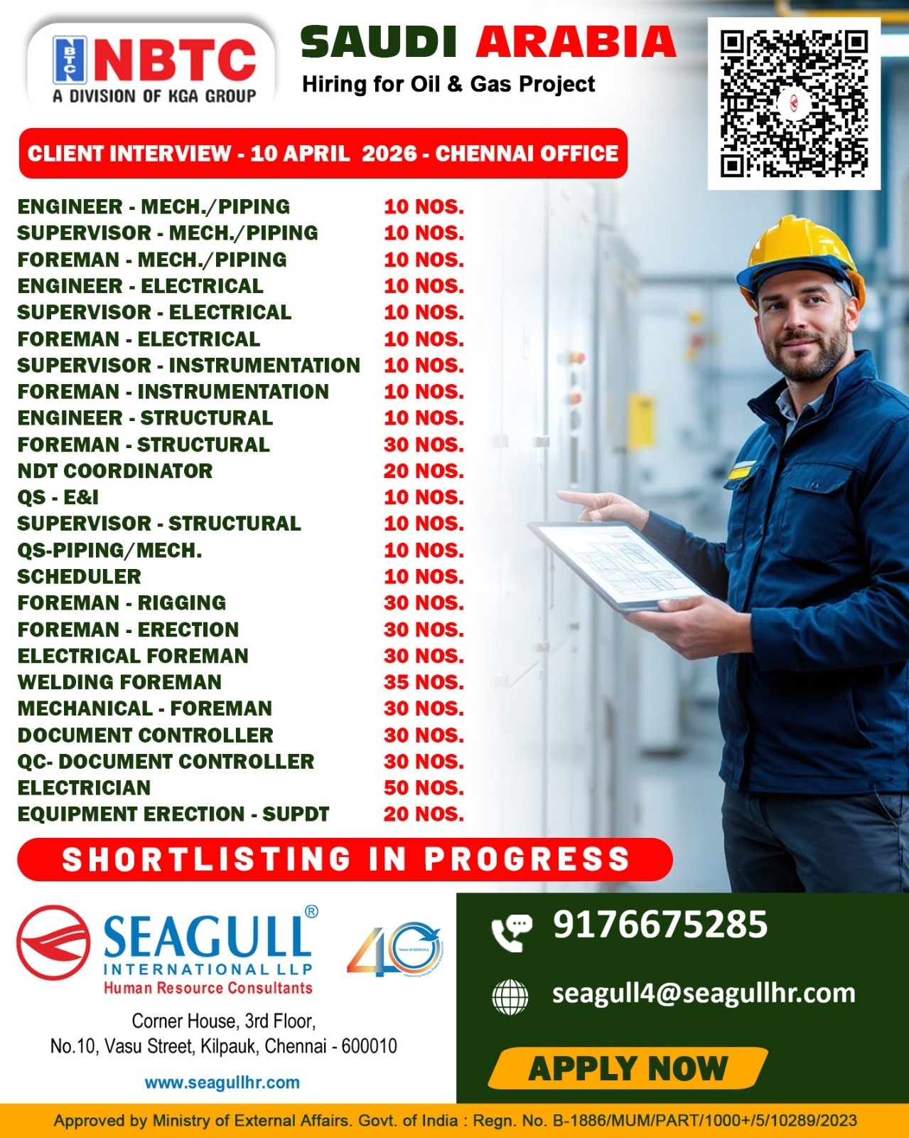 VERY URGENT REQUIREMENTS FOR OIL & GAS LONG TIME PROJECT AT SAUDI ARABIA - KSA