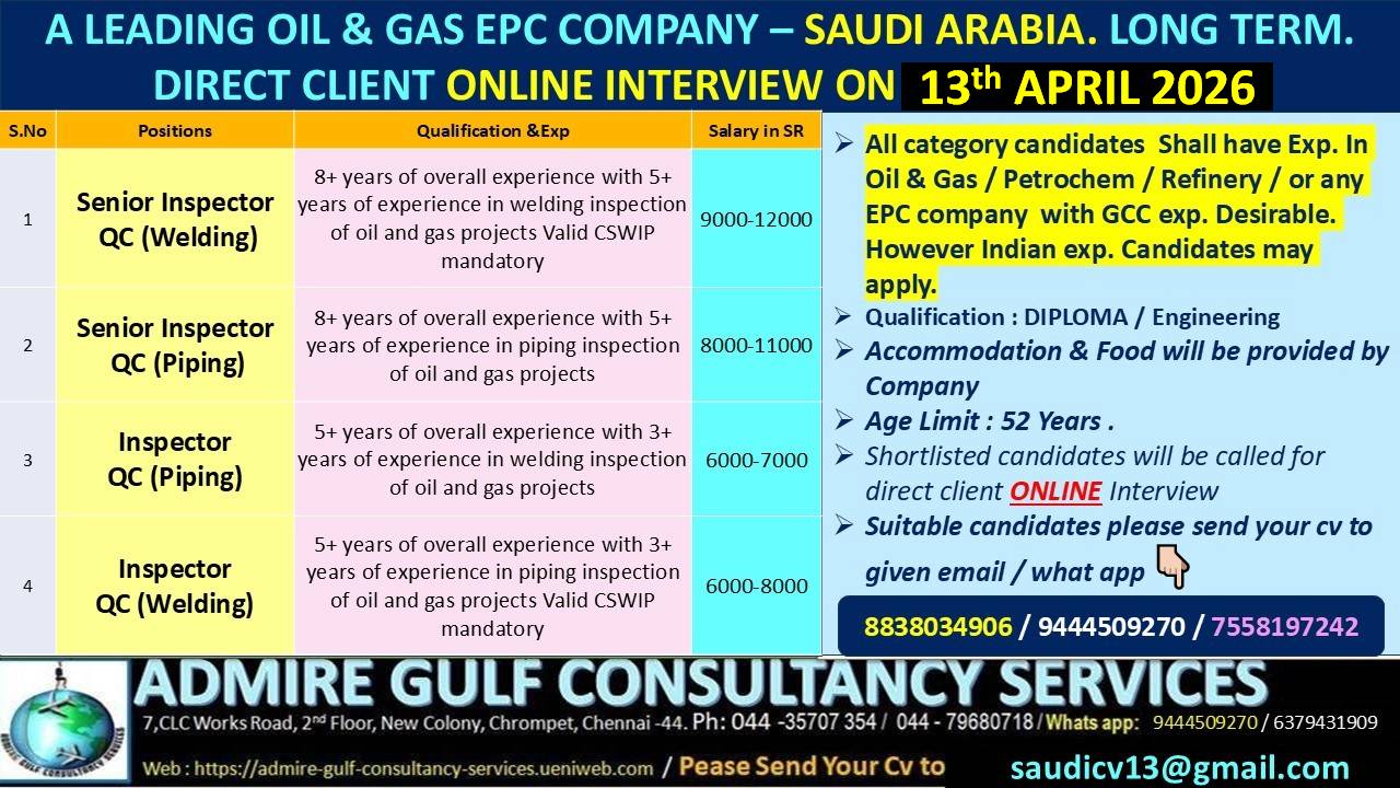 A  LEADING OIL & GAS  EPC COMPANY  -SAUDI ARABIA LONG TERM . DIRECT CLIENT ONLINE INTERVIEW ON 13th APRIL 2026