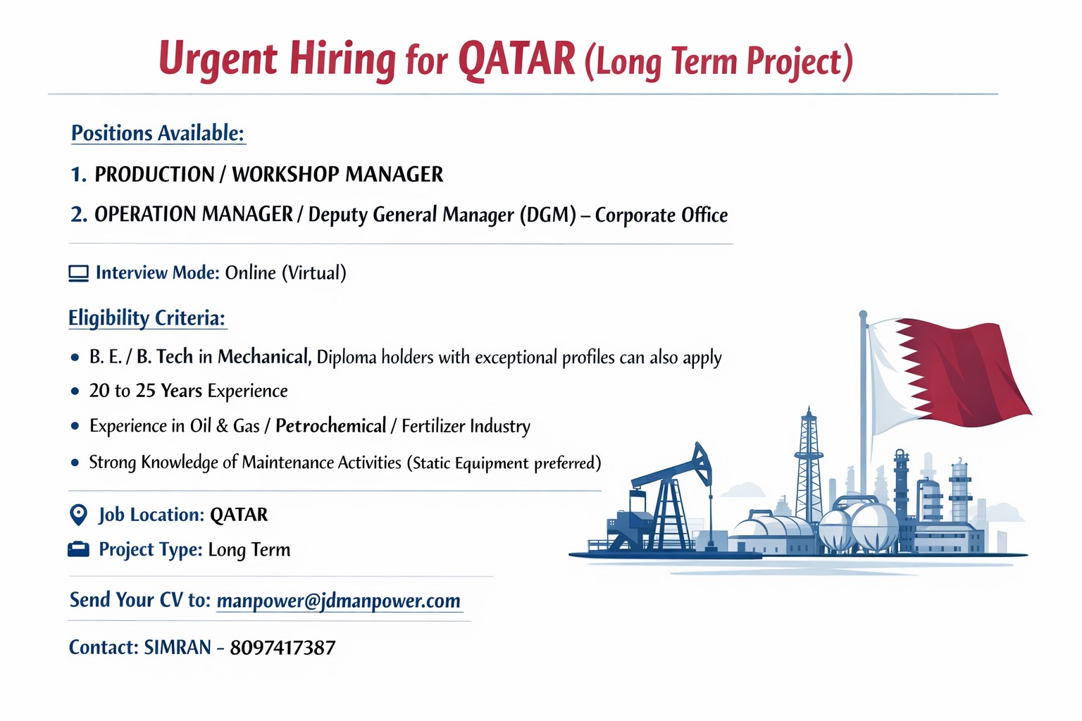 Urgent Hiring for QATAR (Long Term Project)