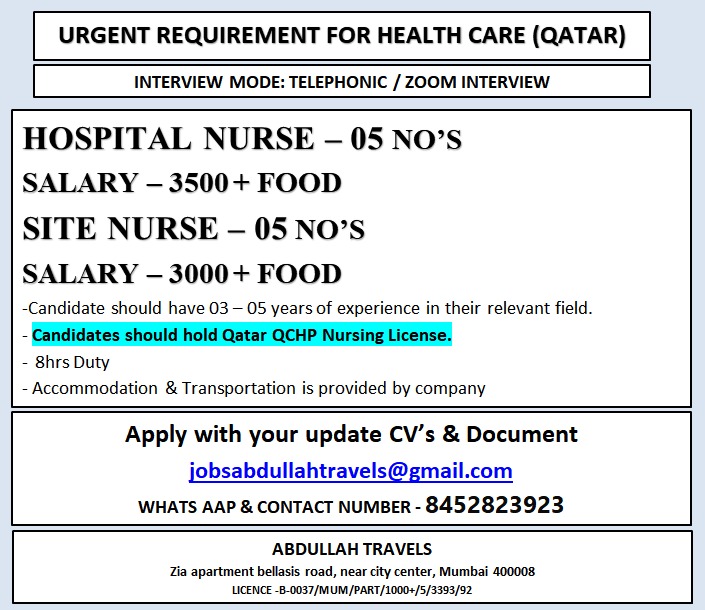 URGENT REQUIREMENT FOR HEALTH CARE (QATAR)