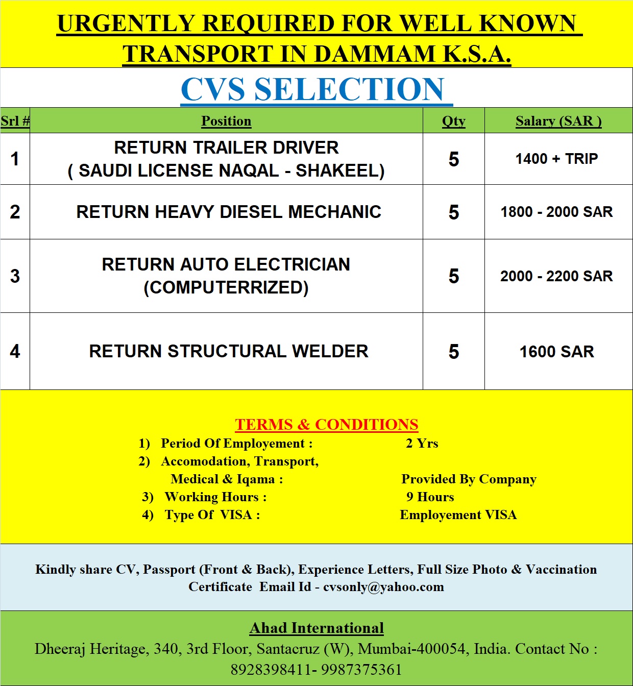 URGENTLY REQUIRED FOR WELL KNOWN TRANSPORT IN SAUDI ARABIA