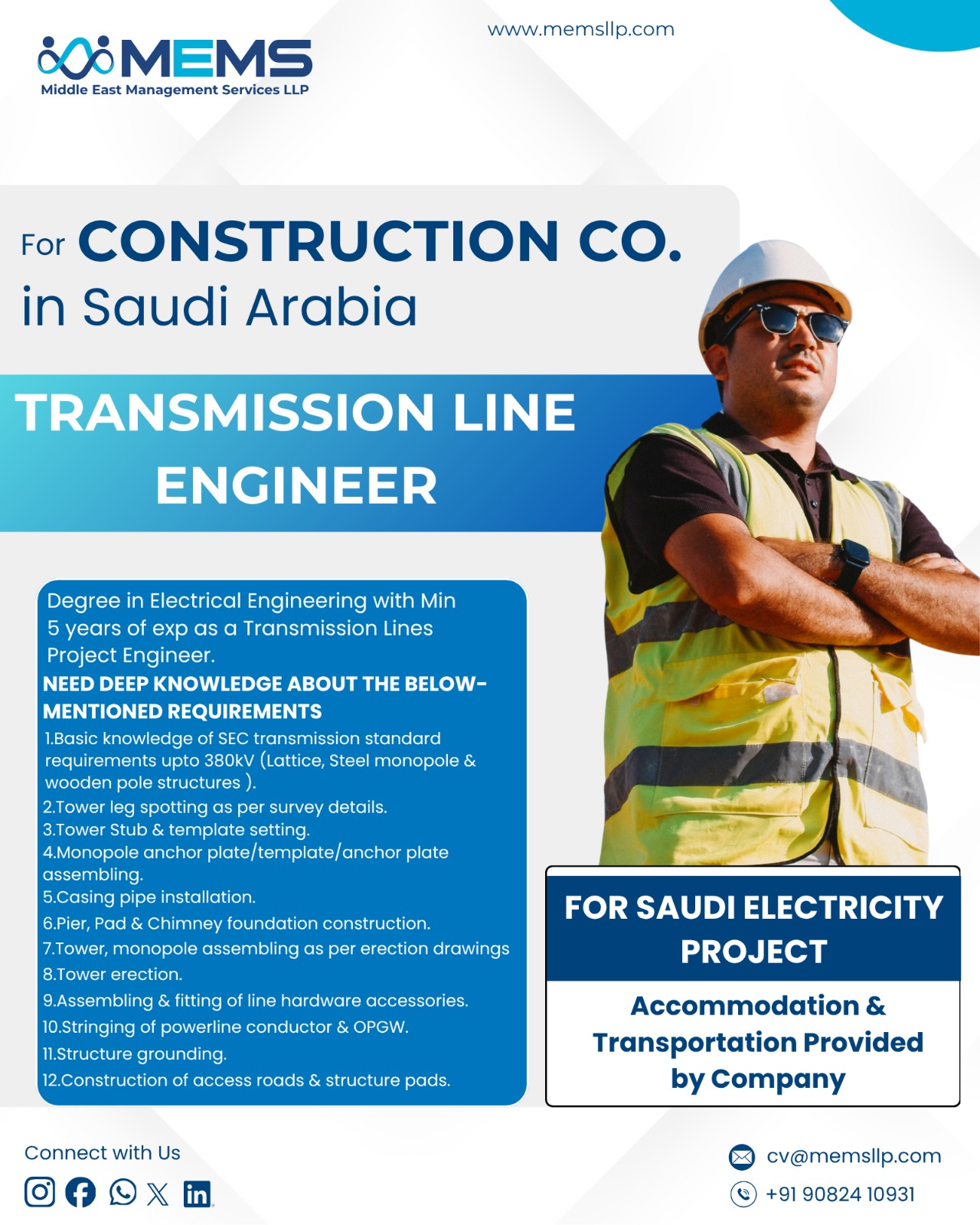 We are hiring for Construction Company in Saudi Arabia