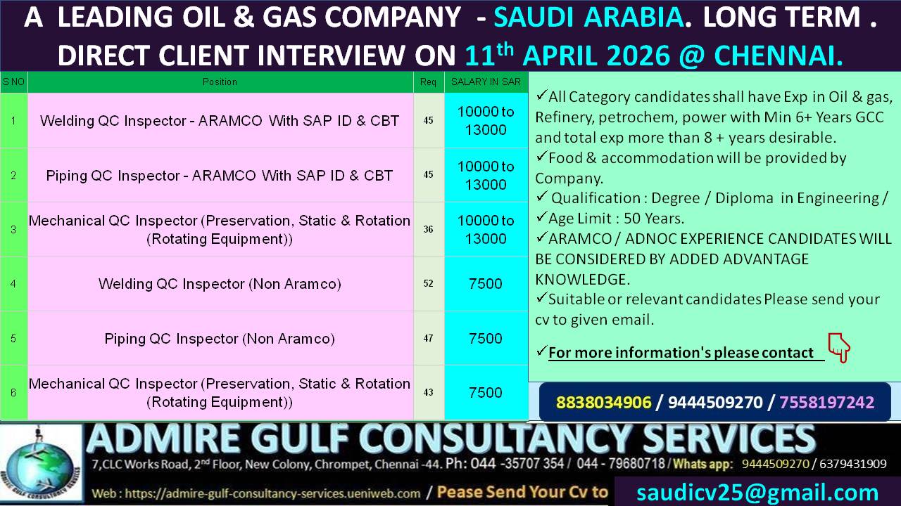 A  LEADING OIL 7 GAS COMPANY - SAUDI ARABIA- LONG TERM . DIRECT CLIENT INTERVIEW ON 11th APRIL 2026 @ CHENNAI