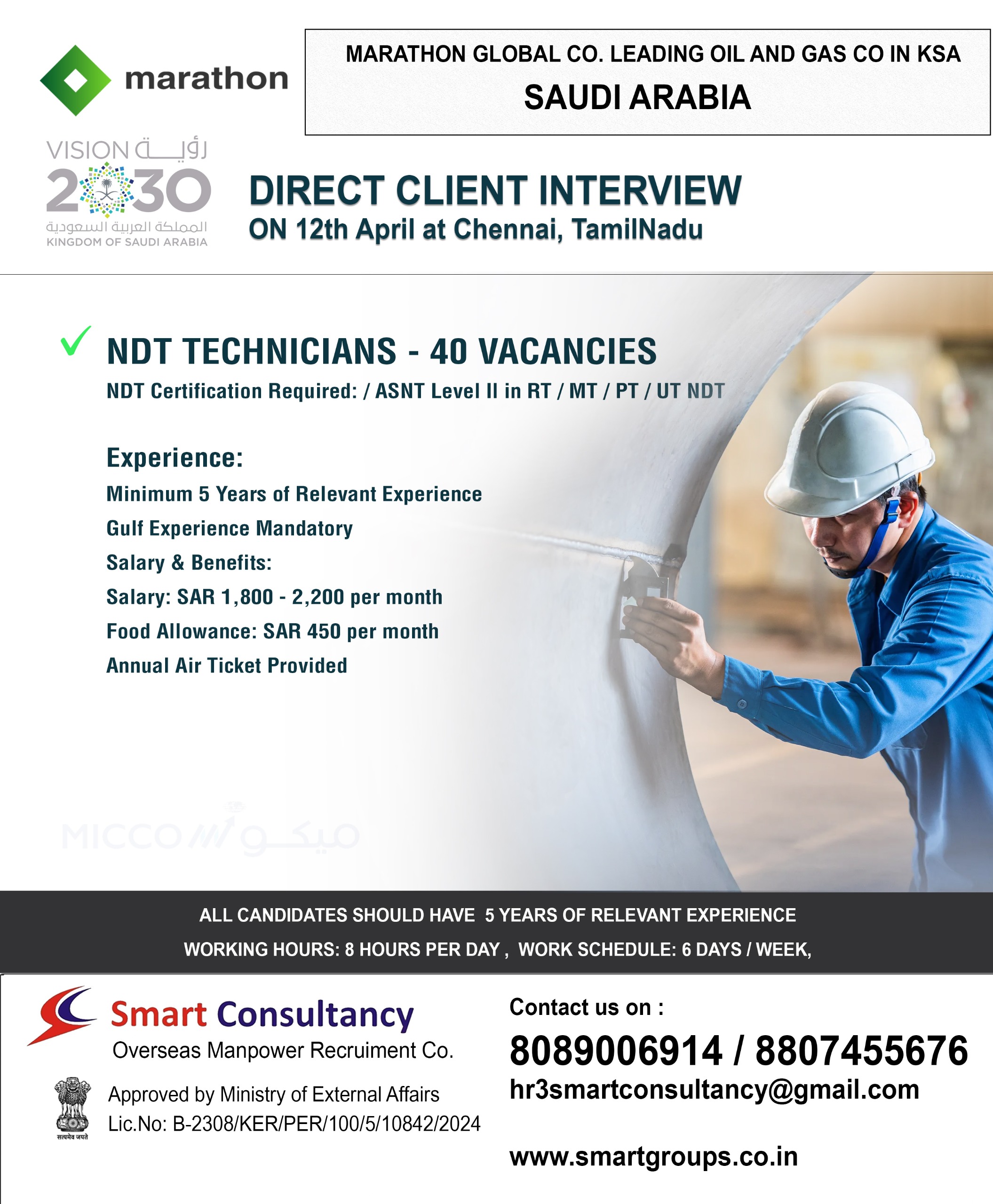 WE ARE HIRING FOR MARATHON GLOBAL CO. - SAUDI ARABIA, DIRECT CLIENT INTERVIEW ON 12TH APRIL AT CHENNAI