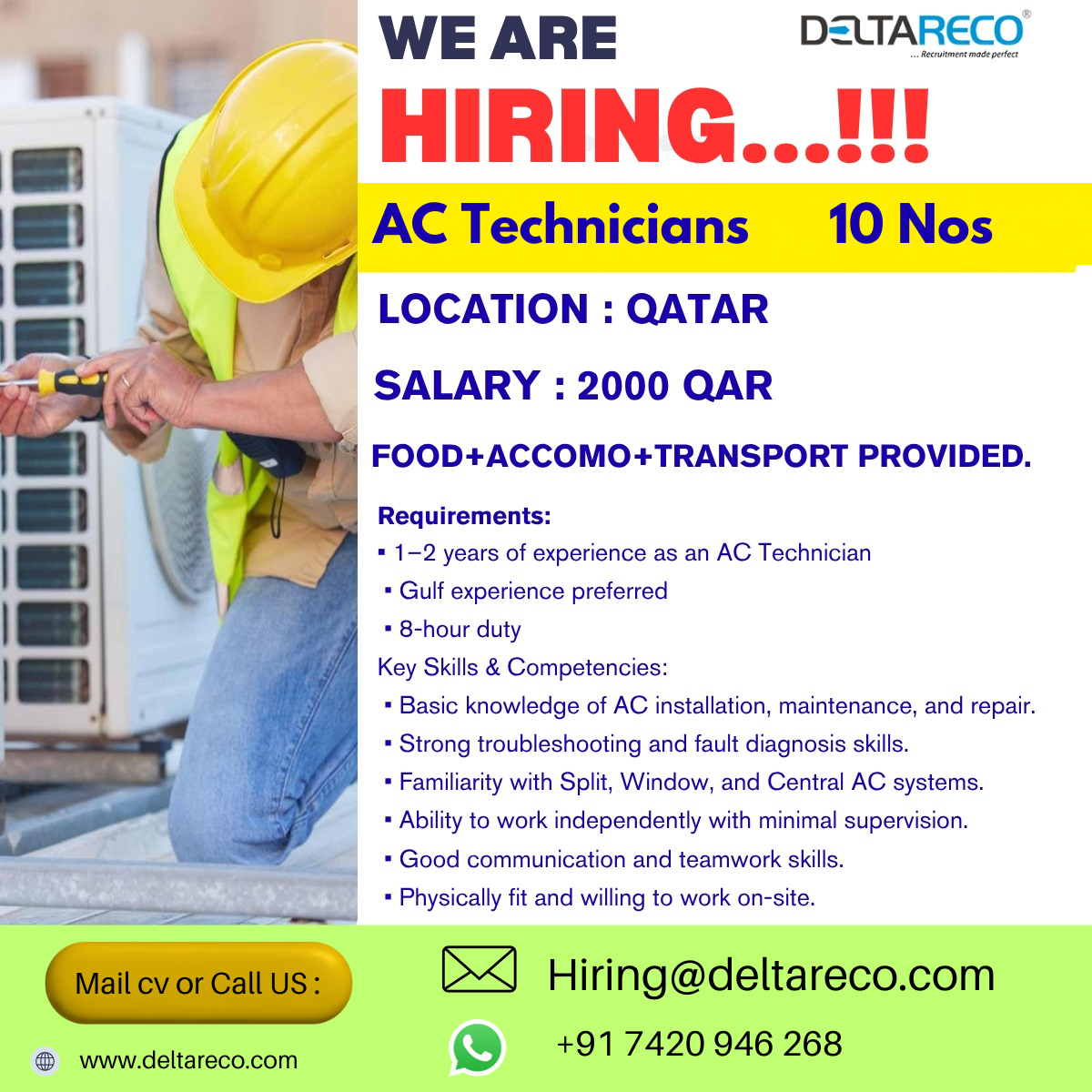 Hiring AC technician for  Qatar
