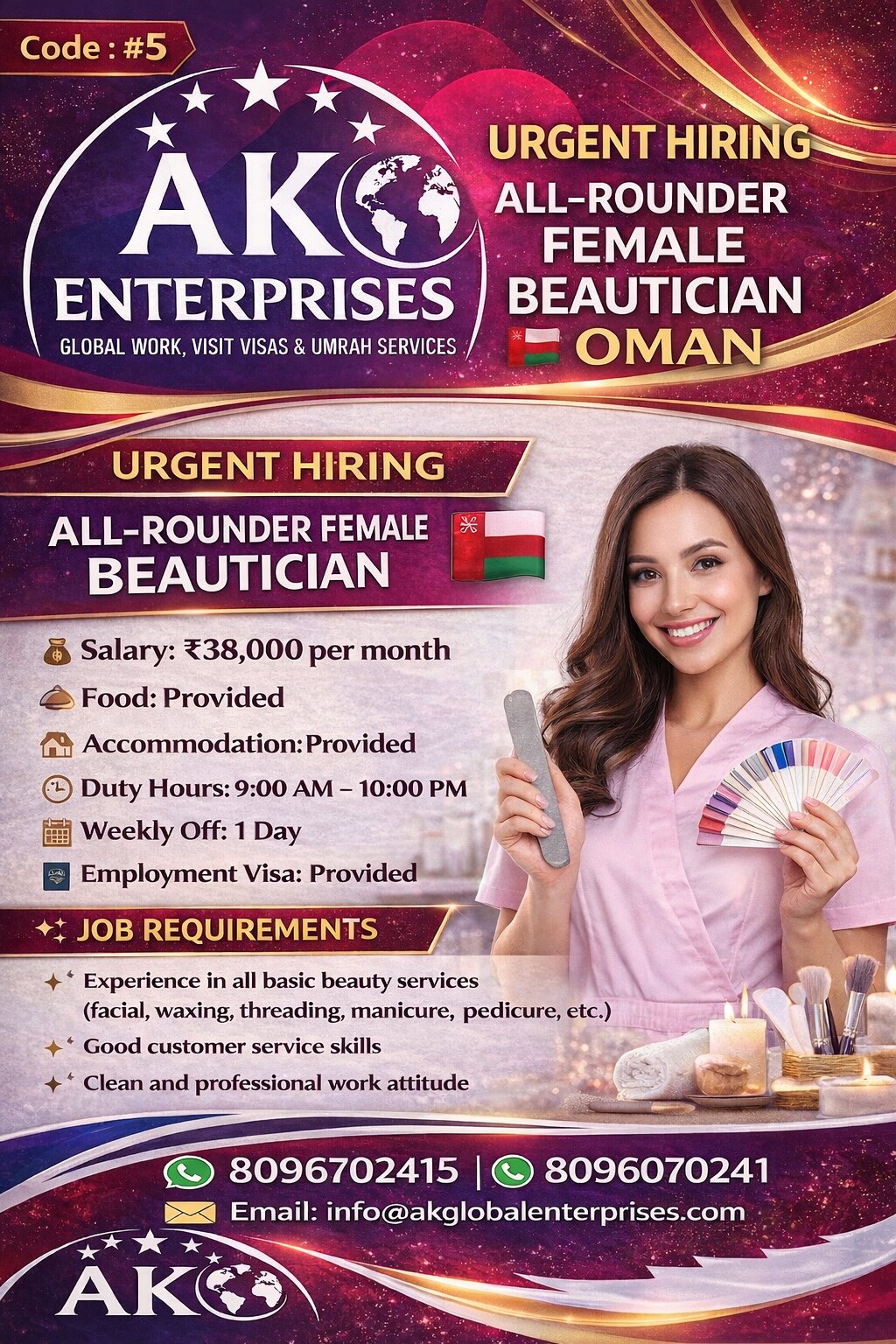 Urgent Hiring – All-Rounder Female Beautician for Oman