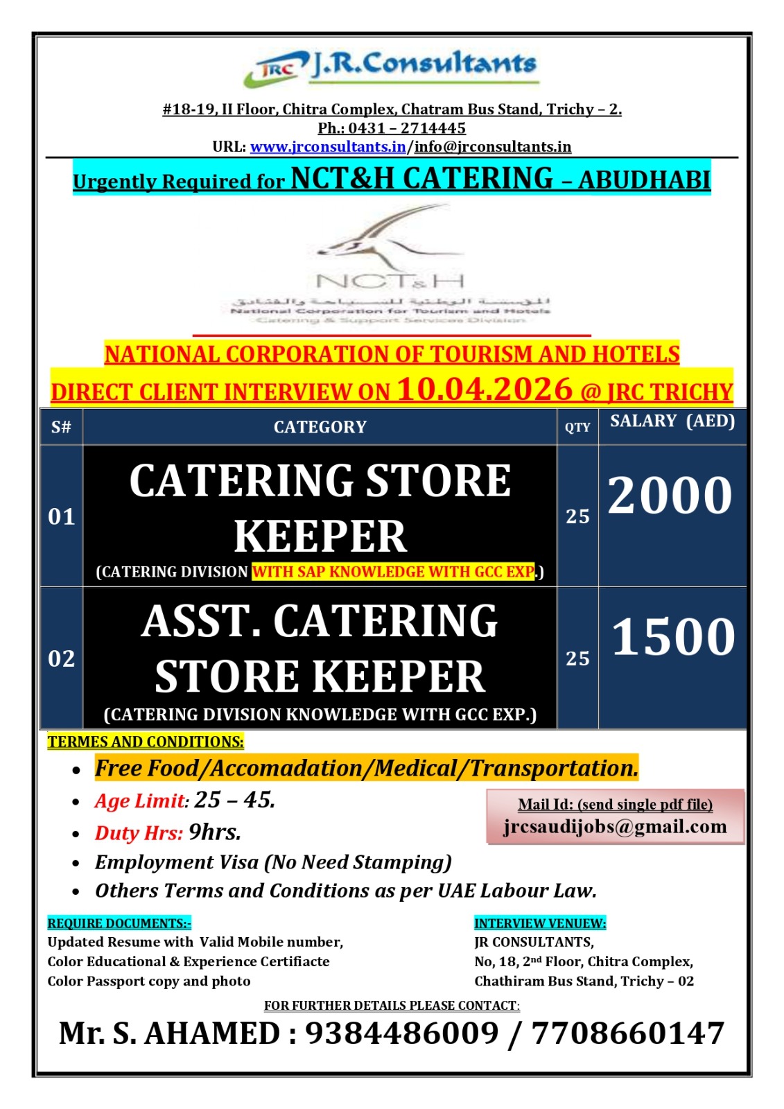 URGENTLY REQUIRED FOR A LEADING NCT&H CATERING COMPANY IN ABU DHABI DIRECT INTERVIEW ON 10.04.2026 @ JRC TRICHY