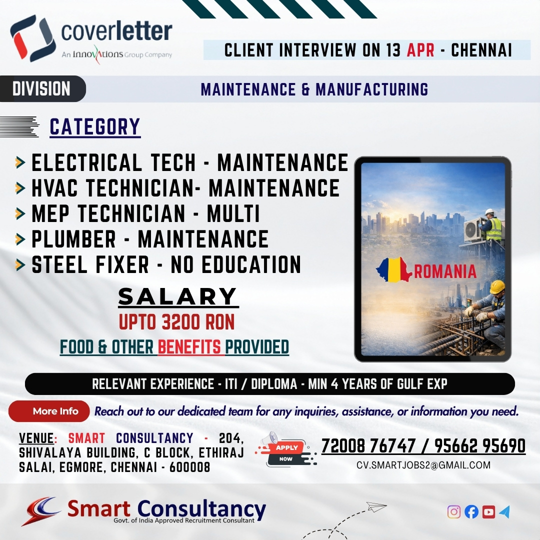 Looking for overseas job opportunities from Tamil Nadu? ? Direct client interview happening in Chennai on April 13 for Romania jobs in maintenance & manufacturing sector