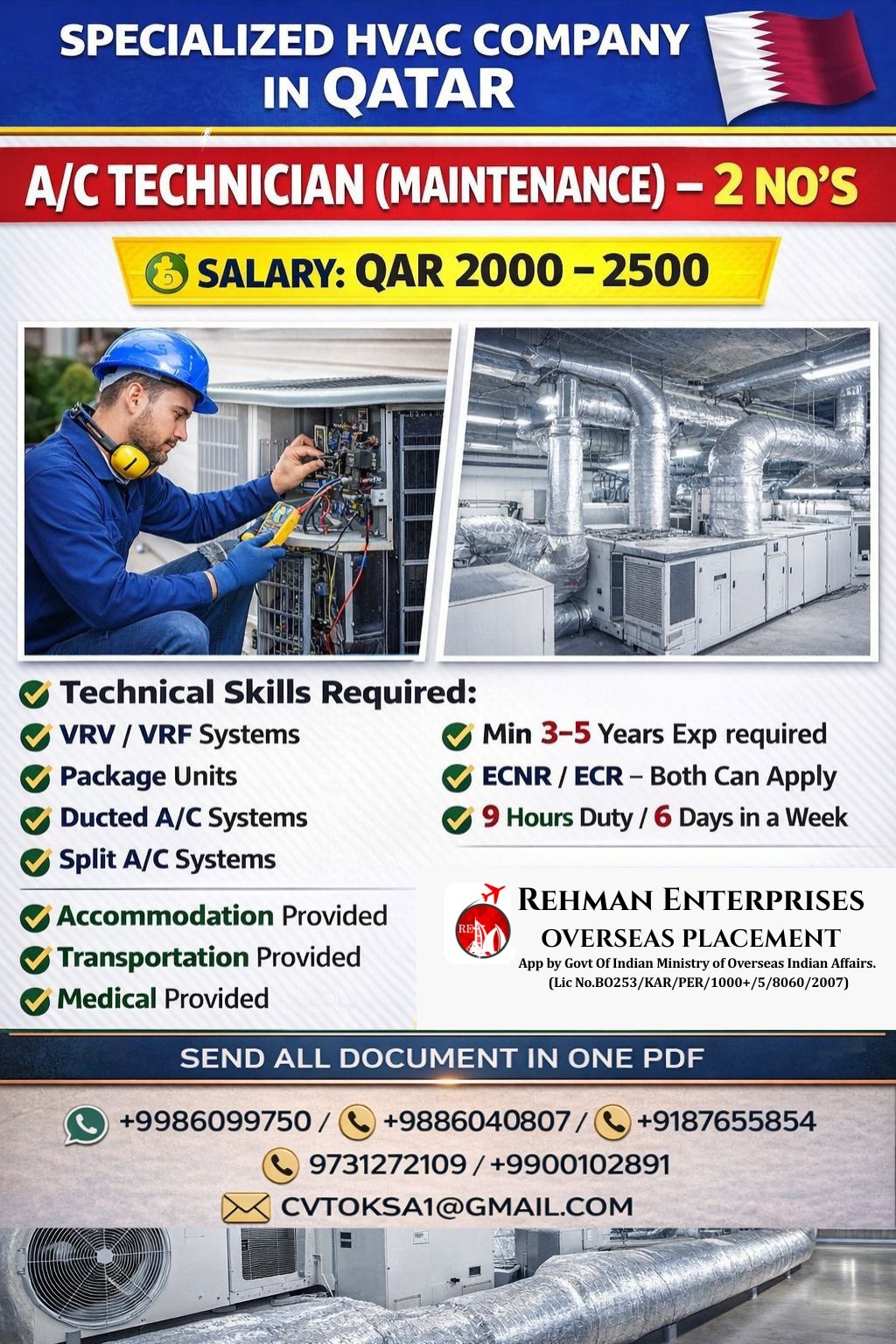 HIRING FOR SPECIALIZED HVAC COMPANY IN QATAR