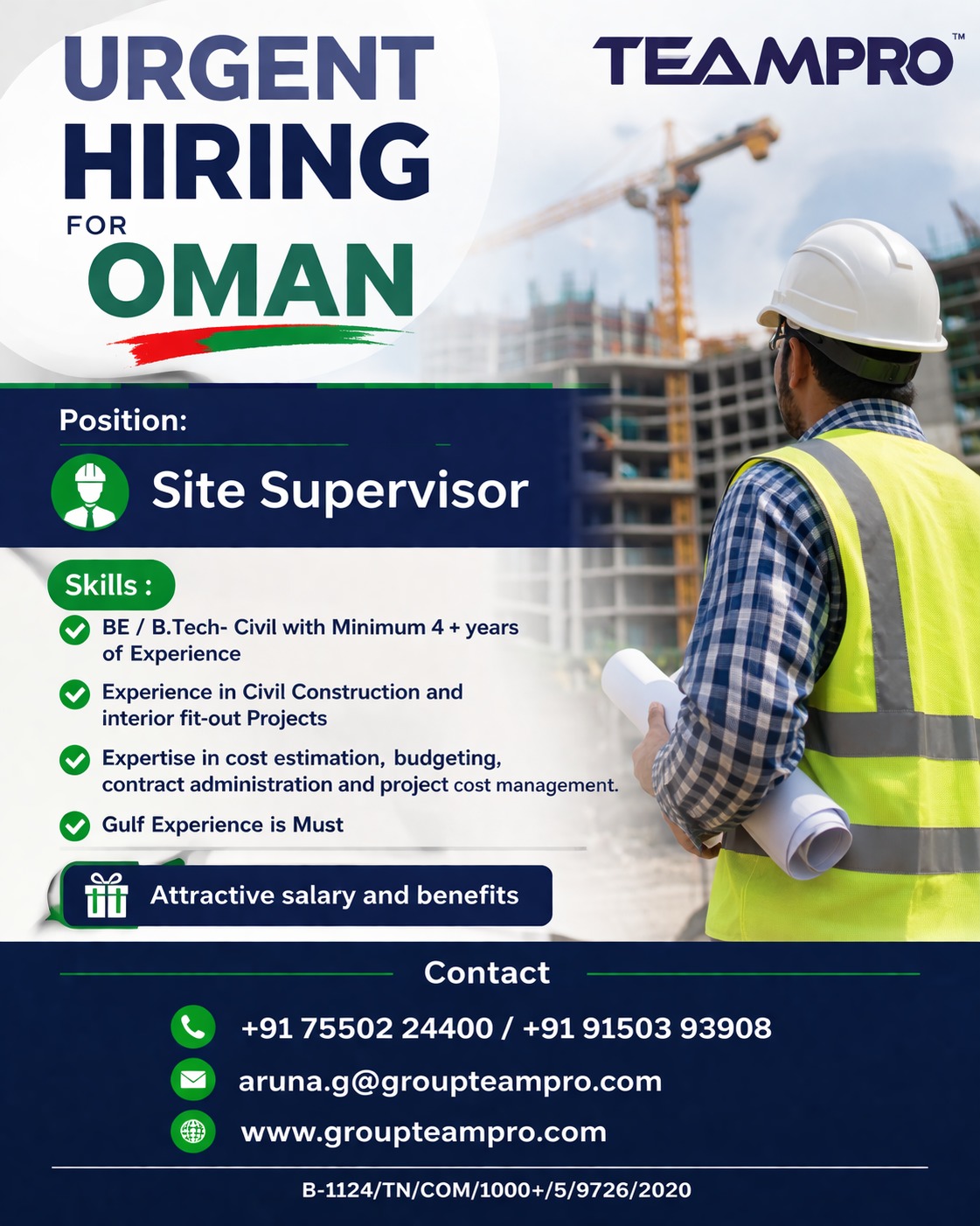 ? **Urgent Hiring – Site Supervisor | Oman**  We are looking for an experienced **Site Supervisor** for civil construction projects in **Oman**.