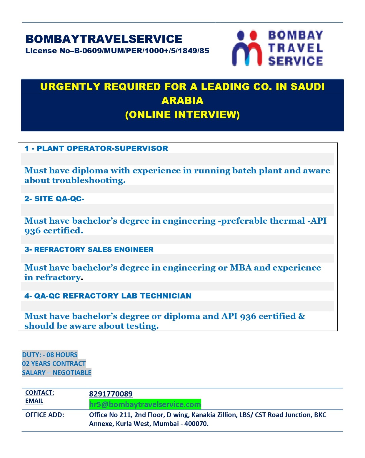 URGENTLY HIRING FOR OIL & GAS CO.