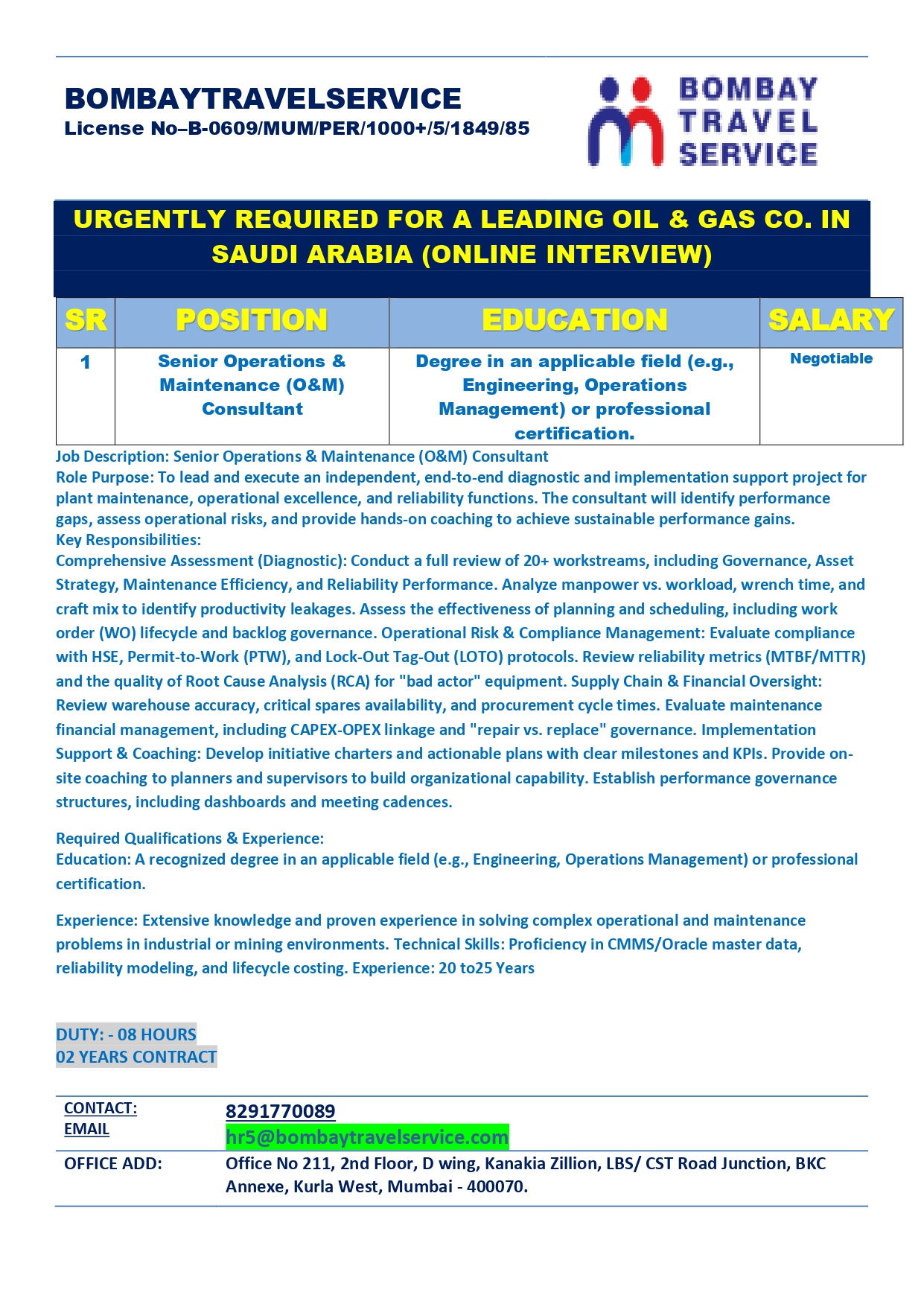 URGENTLY HIRING Operation and Maintenance (O&M) consultant