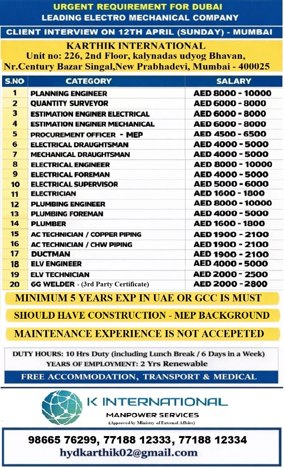 URGENT REQUIREMENT FOR ELECTRO MECHANICAL COMPANY IN DUBAI