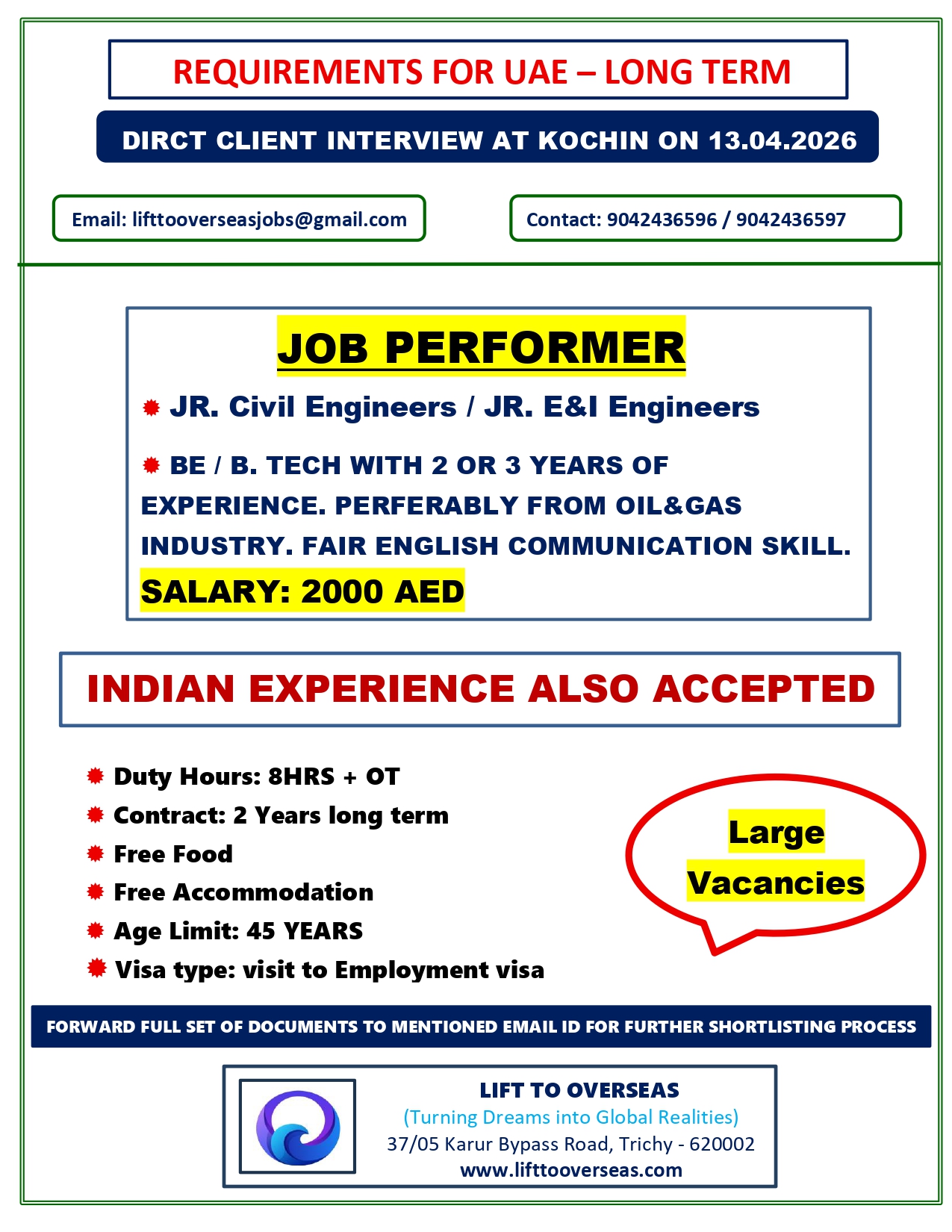 JOB PERFORMER (JR. CIVIL ENGINEERS / JR. E&I ENGINEERS, BE. ,B. TECH WITH 2 OR 3 YEARS OF EXPERIENCE. PERFERABLY FROM OIL&GAS INDUSTRY. FAIR ENGLISH COMMUNICATION SKILL)