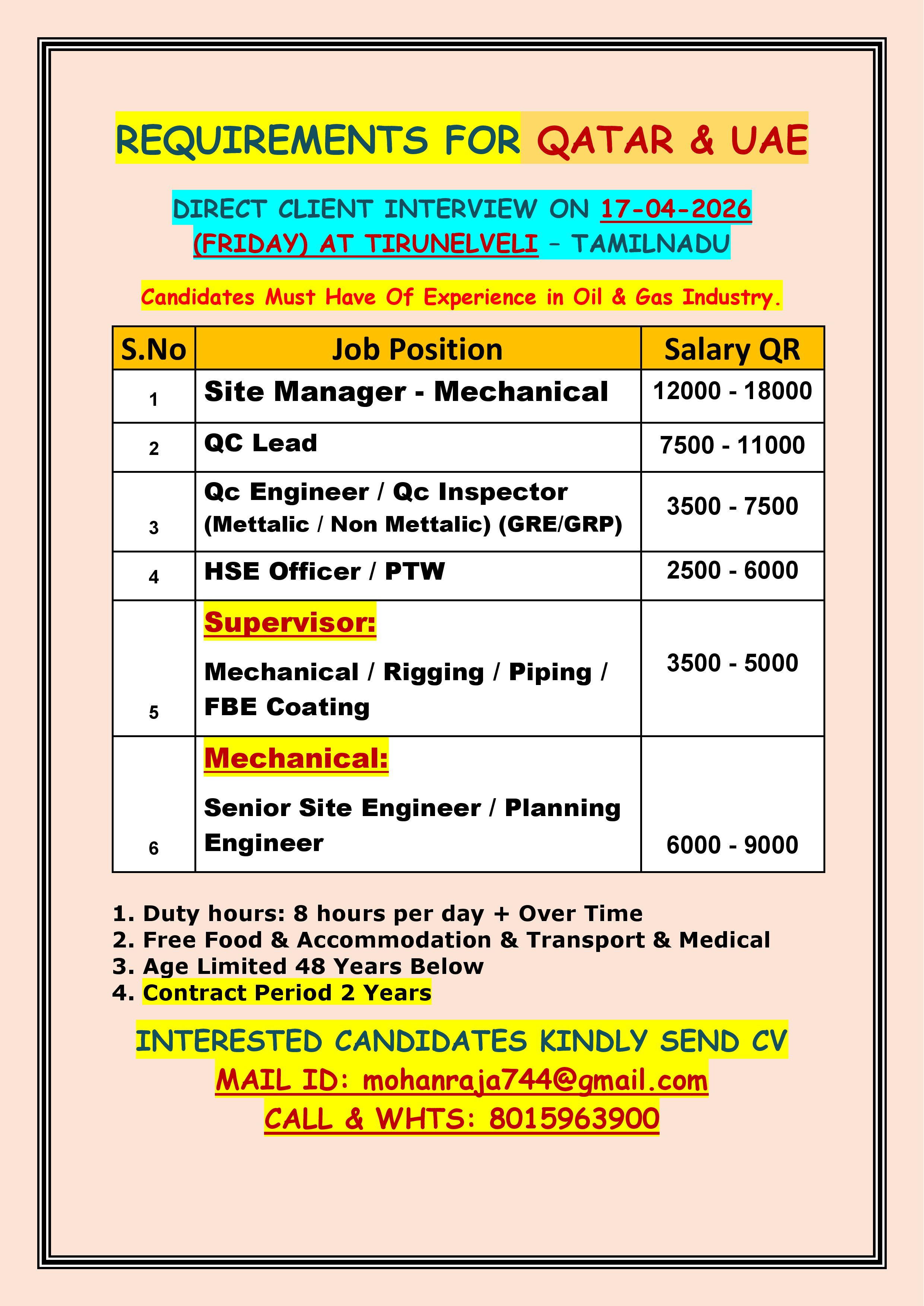 REQUIREMENTS FOR QATAR & UAE  - IRECT CLIENT INTERVIEW ON 17-04-2026 (FRIDAY) AT TIRUNELVELI – TAMILNADU