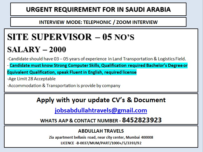 URGENT REQUIREMENT FOR IN SAUDI ARABIA