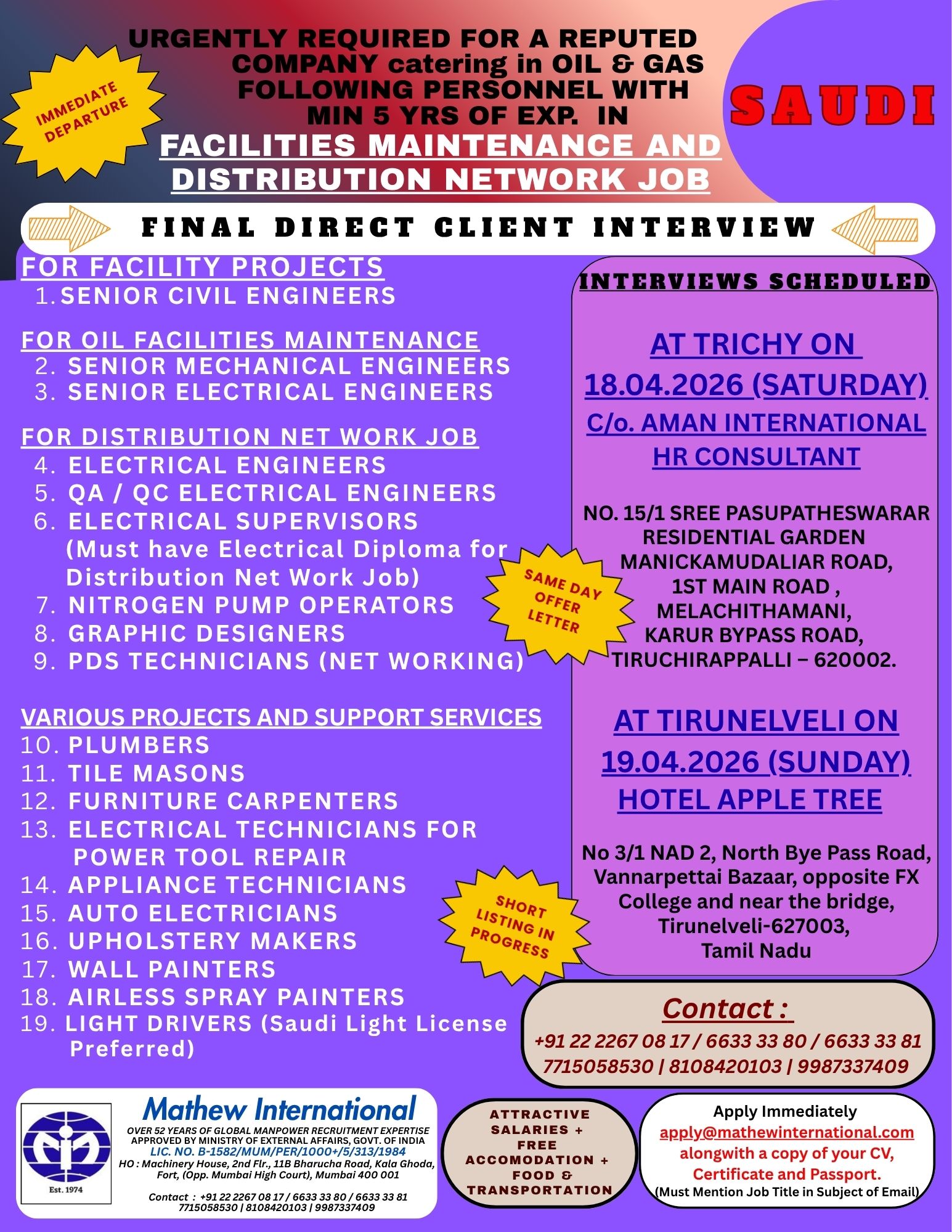 SAUDI - Urgently required for a reputed Company Catering in Oil and Gas following personnel with min. 5 years experience in Facilities Maintenance and Distribution Network Job