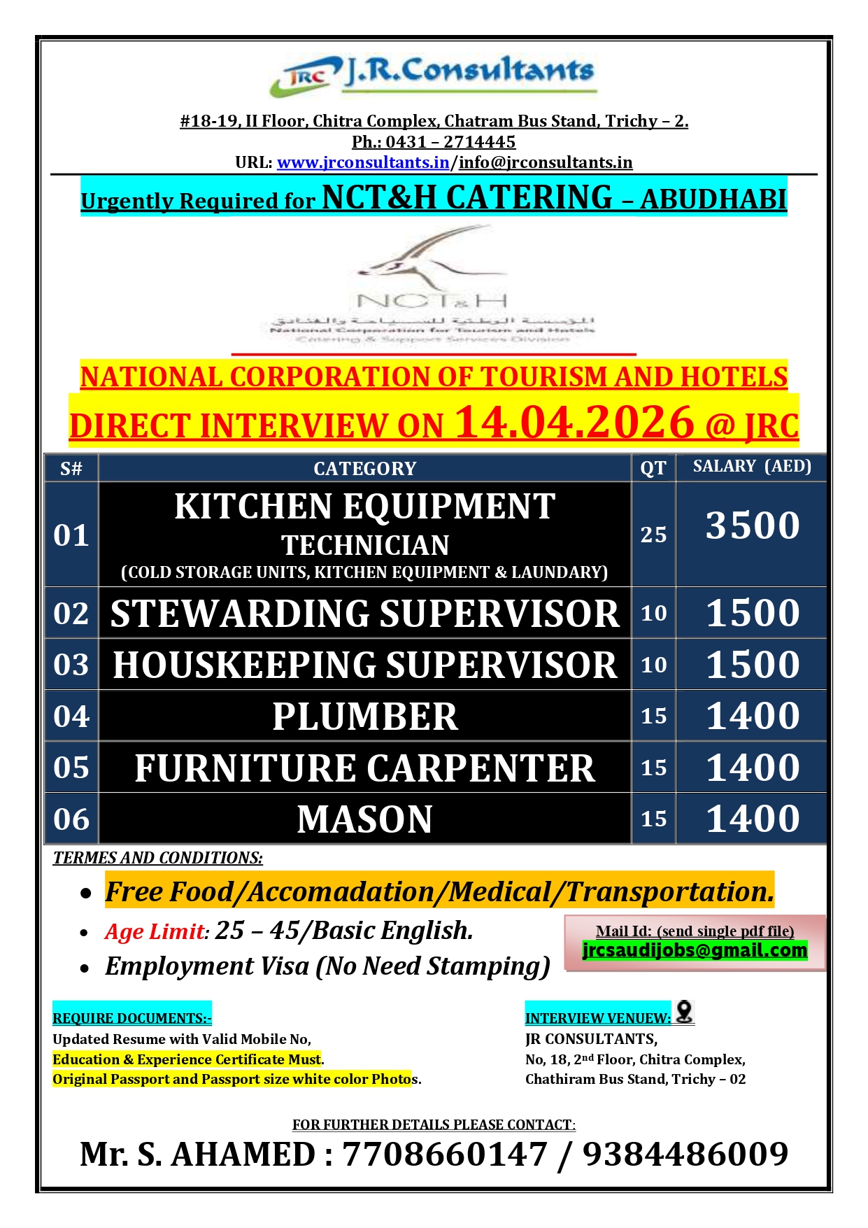 URGENTLY REQUIRED FOR A LEADING NCT&H CATERING COMPANY IN ABU DHABI DIRECT INTERVIEW ON 14.04.2026 @ JRC TRICHY