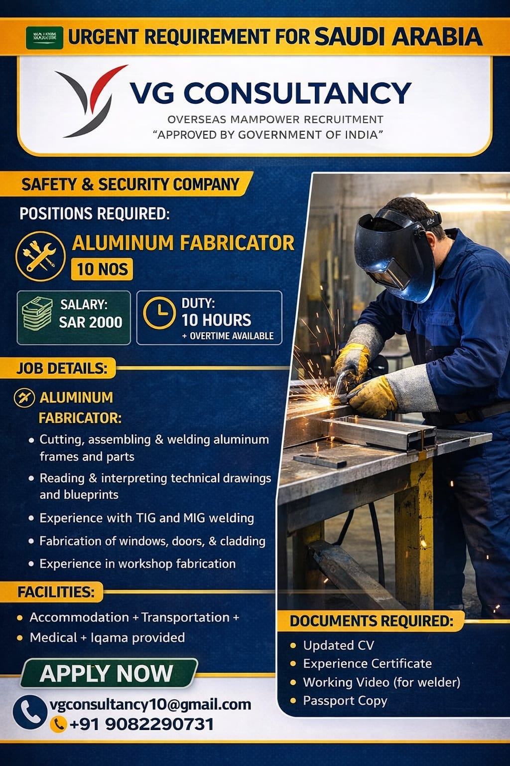 Urgent requirement for saudi Arabia aluminium fabricator