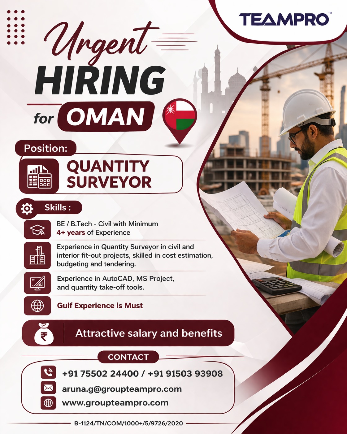 ? **Urgent Hiring – Quantity Surveyor | Oman**  We are looking for an experienced **Quantity Surveyor** for projects in **Oman**.