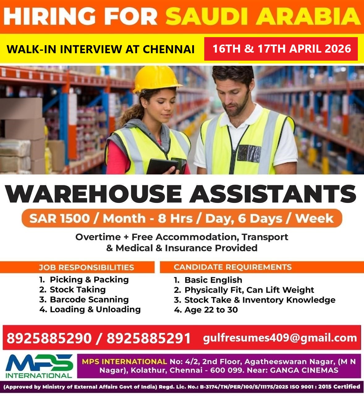 HIRING FOR SAUDI ARABIA WALK-IN INTERVIEW AT CHENNAI 16TH & 17TH APRIL 2026