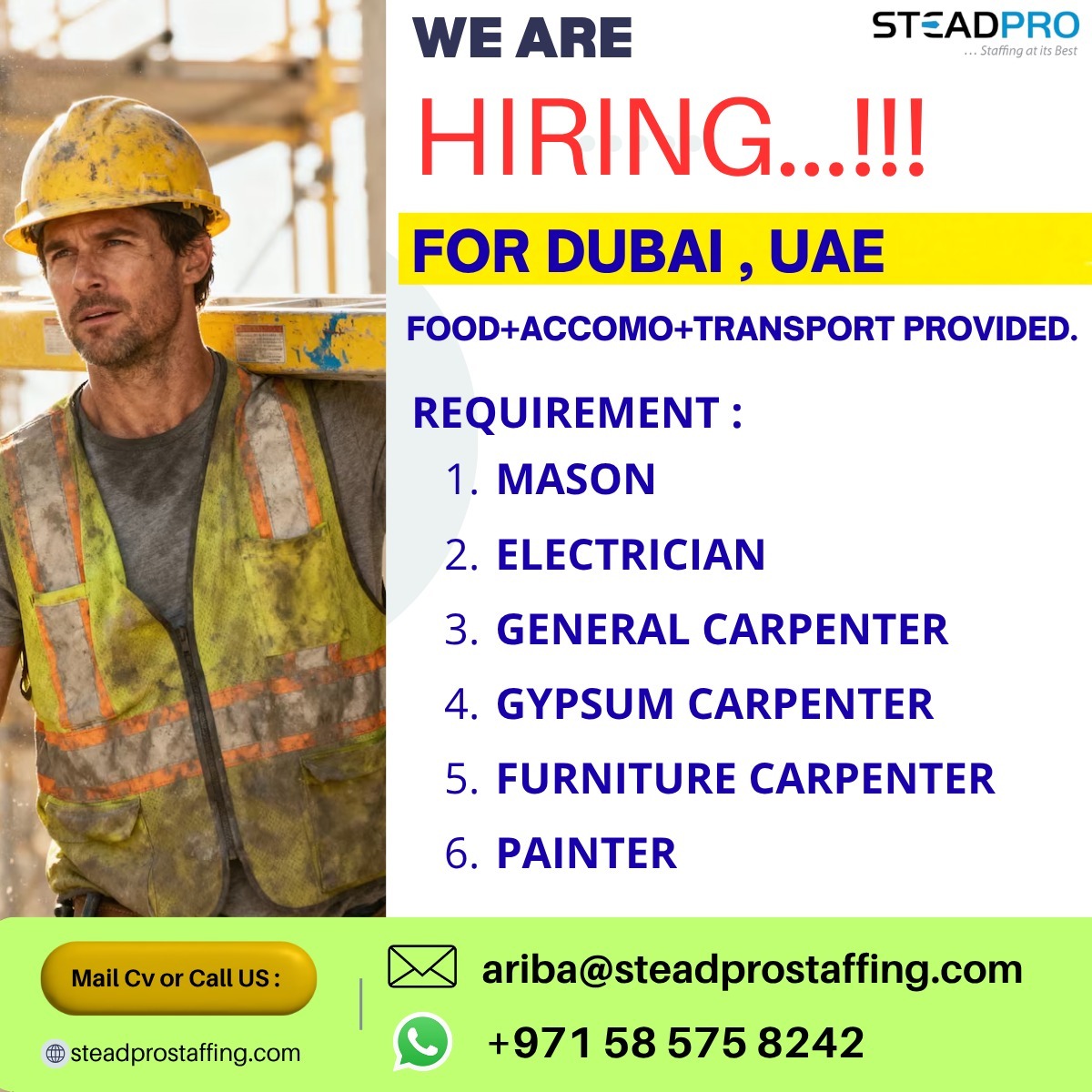 Hiring  Construction Worker Dubai UAE with food Rooms etc