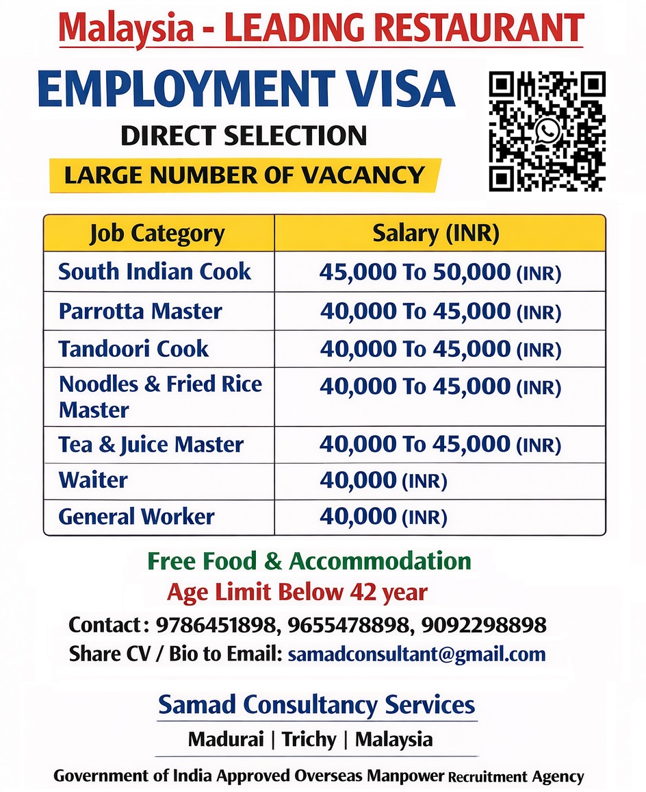 MALAYSIA - EMPLOYMENT VISA,  LEADING RESTAURANT.  DIRECT SELECTION.